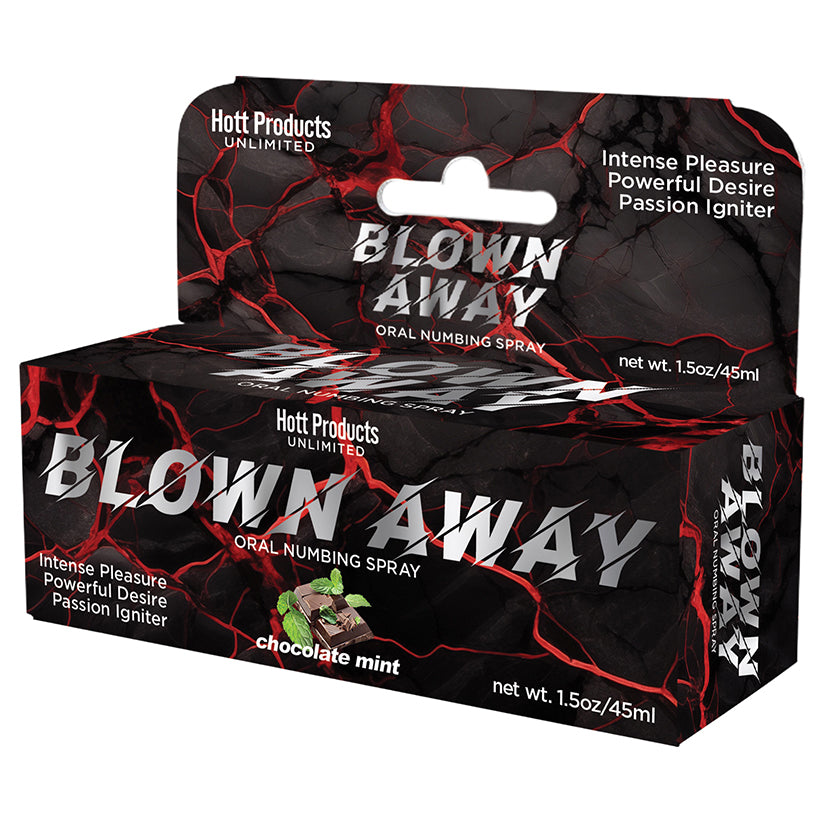 Blown Away Oral Numbing Spray Chocolate Mint 1.5 Oz packaging with intense pleasure and passion igniter features.