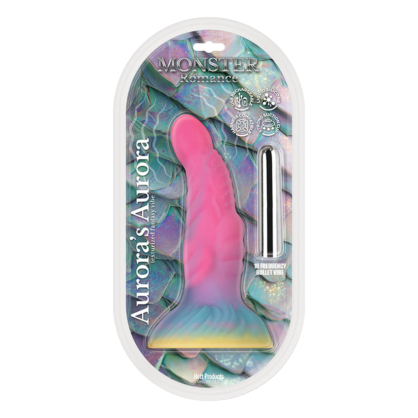 Monster Romance Auroras Aura Fantasy Vibrating Dildo packaging featuring a colorful dildo design and a bullet vibrator.
