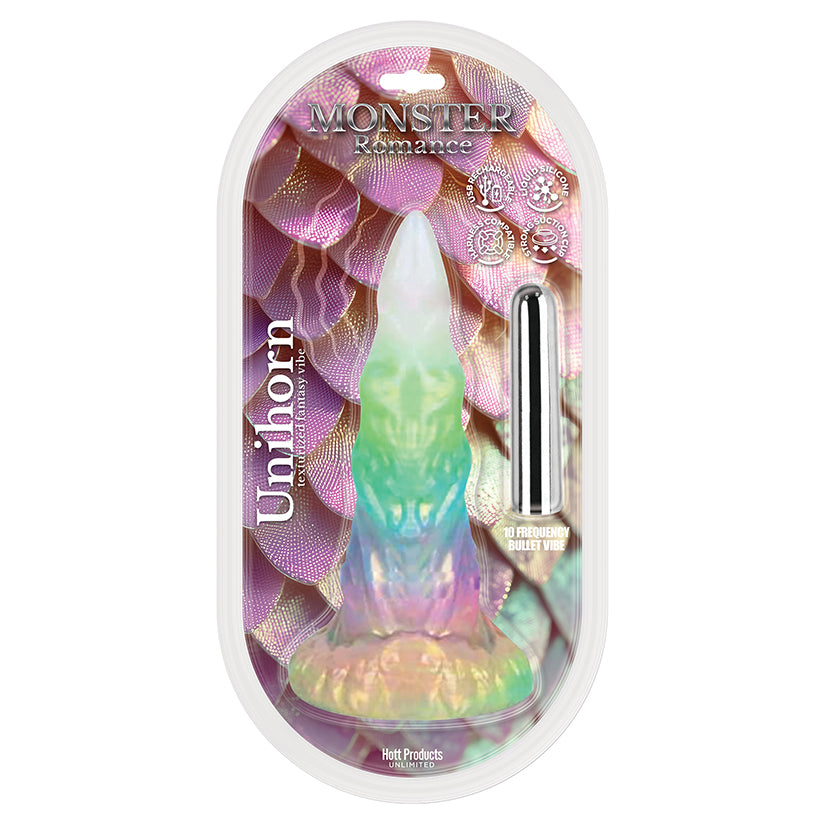 Monster Romance Unihorn Fantasy Vibrating Dildo in vibrant colors featuring a sleek mythical design and stimulating texture.