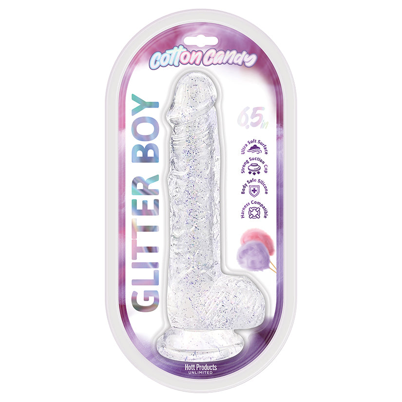 Cotton Candy Glitter Boy Jelly Dildo 6.5 inch Clear in packaging showcasing its glittery design and silicone texture.
