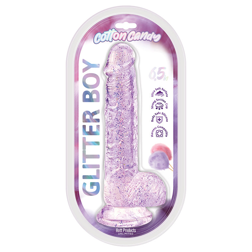 Cotton Candy Glitter Boy Jelly Dildo 7 inch Pink packaging featuring a sparkling glitter design for playful stimulation.