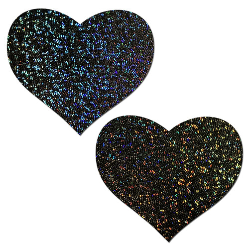 Pastease Glitter Heart Nipple Pasties Black in a set of two heart-shaped covers with glittering shine.