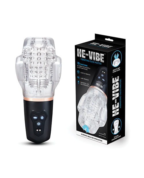 He-Vibe Vibrating Suck Master Suction Masturbator with packaging and device in clear design for intense stimulation.