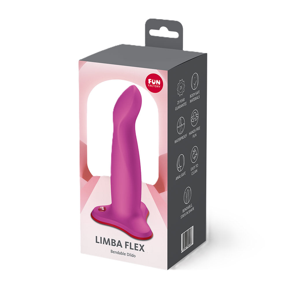 Fun Factory Limba Flex M Bendable Dildo Magenta packaging with featured bendable design and slim shape.