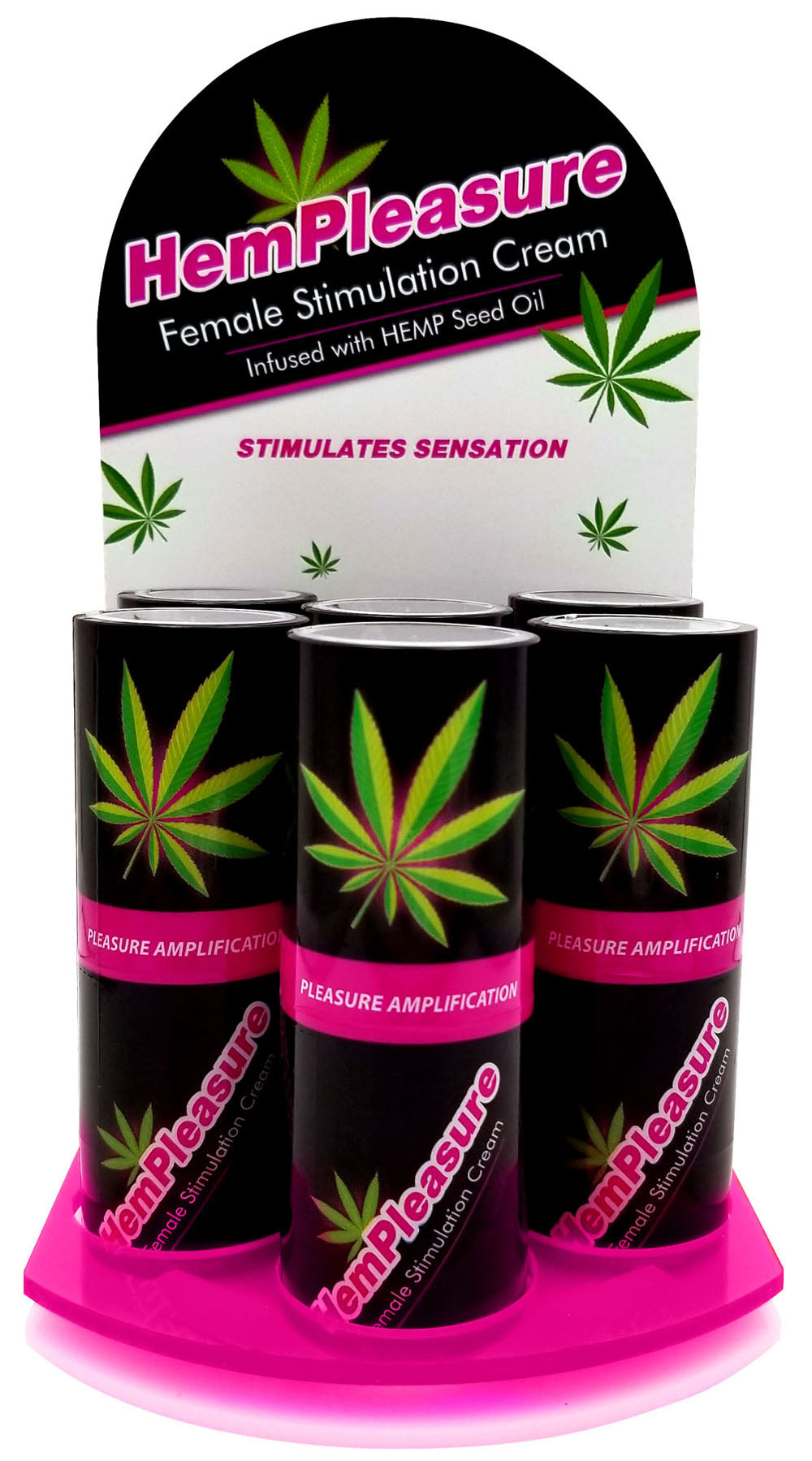Hempleasure Female Stimulation Cream 0.5 Oz 6 Bottle Display showcasing compact arousal cream bottles for retail.