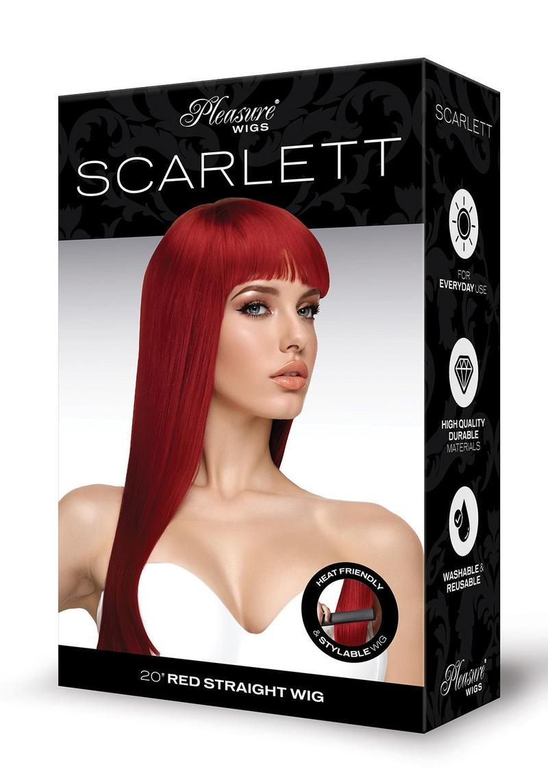 Scarlett Premium Stylable Wig Red packaging showing a glamorous straight red wig with a fringe.