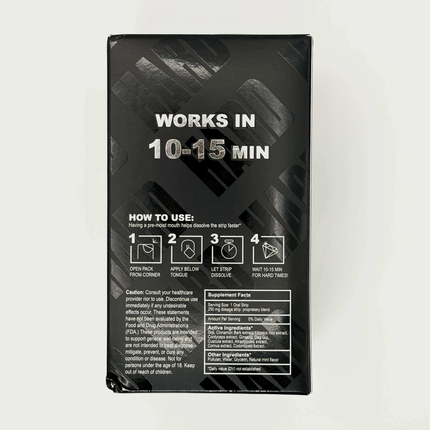 Hard Strips 25 Pack Fast-Acting Vitality Support Oral Strip usage instructions and dosage time on black packaging.