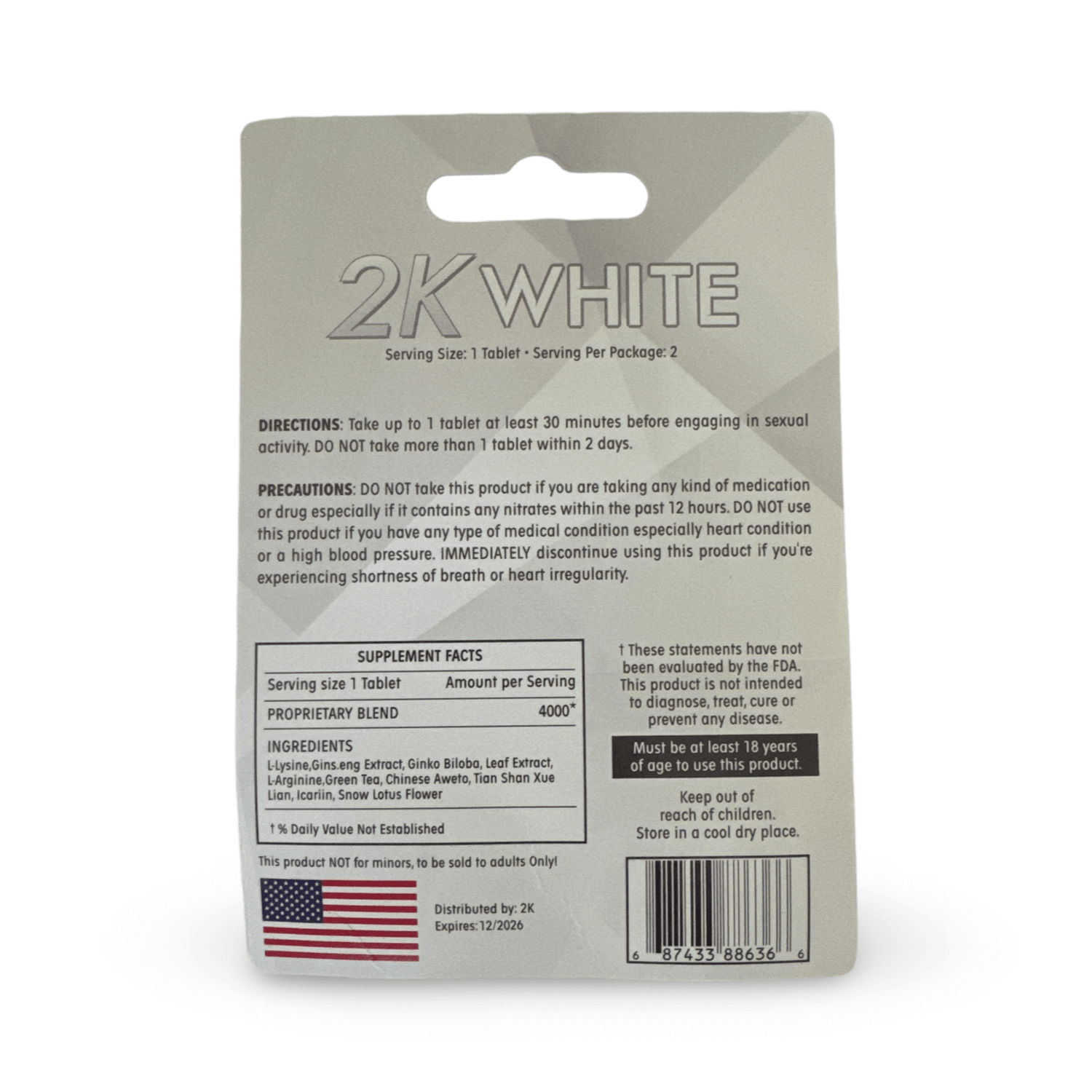 Kangaroo 2K White Extra Strong Male Vitality Twin Pack supplement facts and usage instructions on packaging.