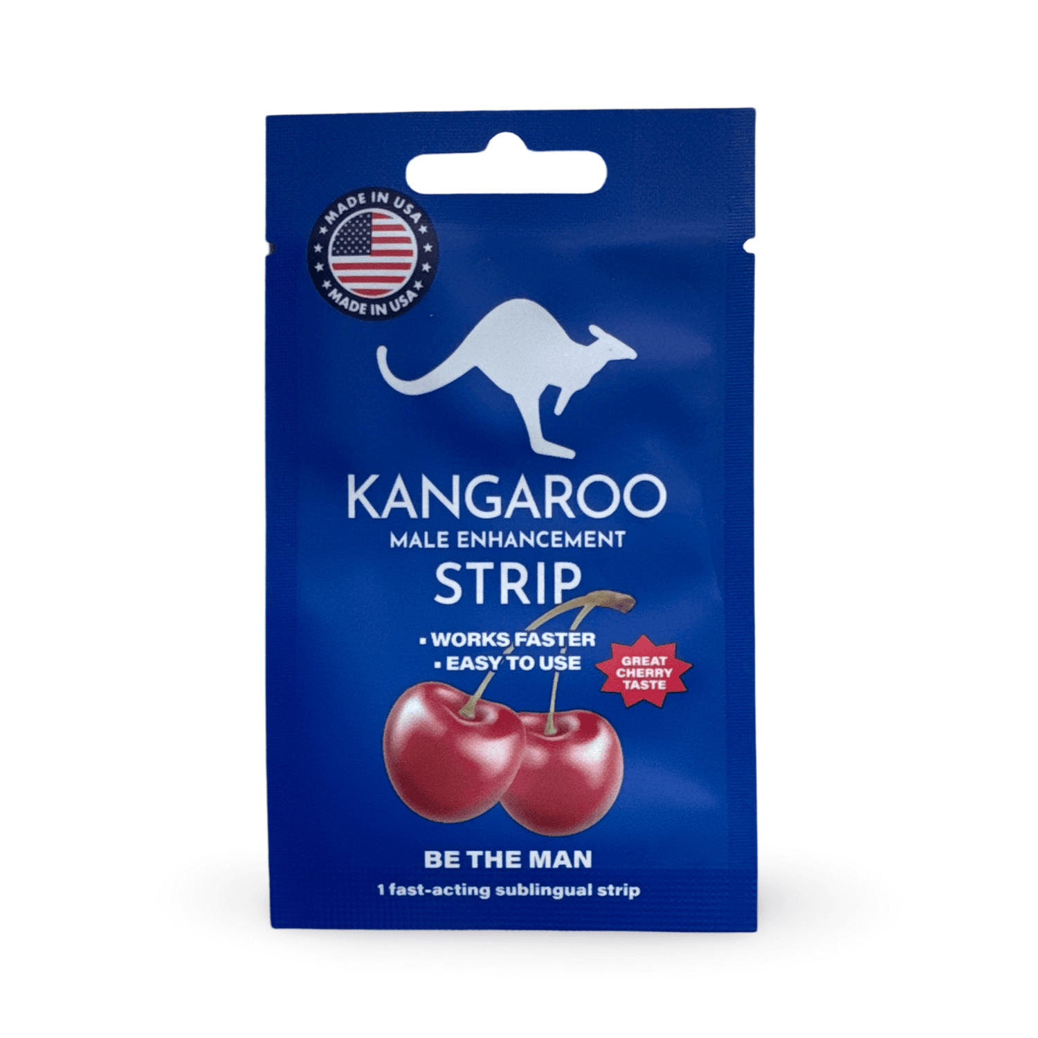 Kangaroo Male Enhancement Sublingual Strip Cherry Flavor packaging, made in USA, for fast-acting sexual performance boost.