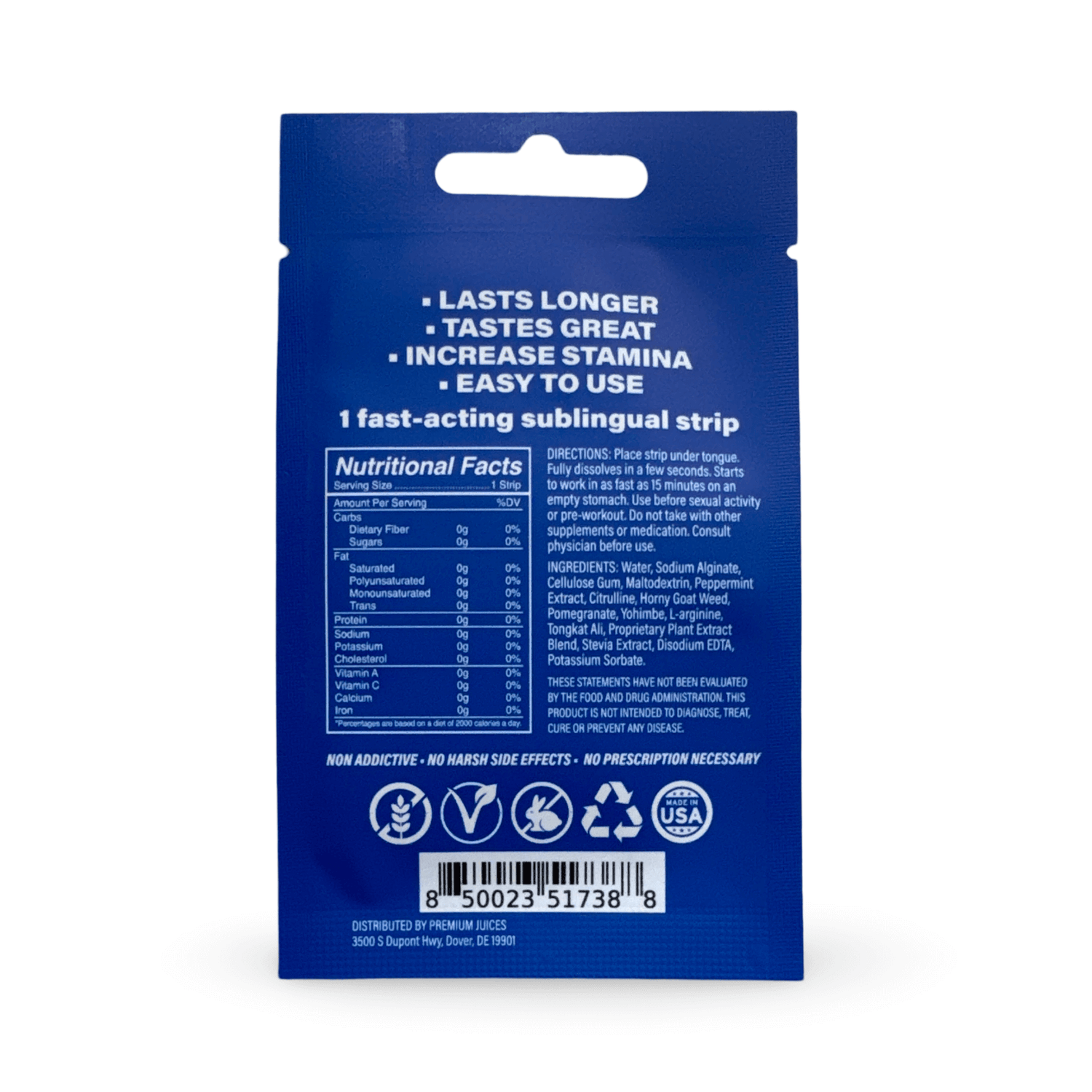 Kangaroo Cherry Strips 3-Pack Male Vitality Oral Strips back packaging with nutritional facts and usage instructions.