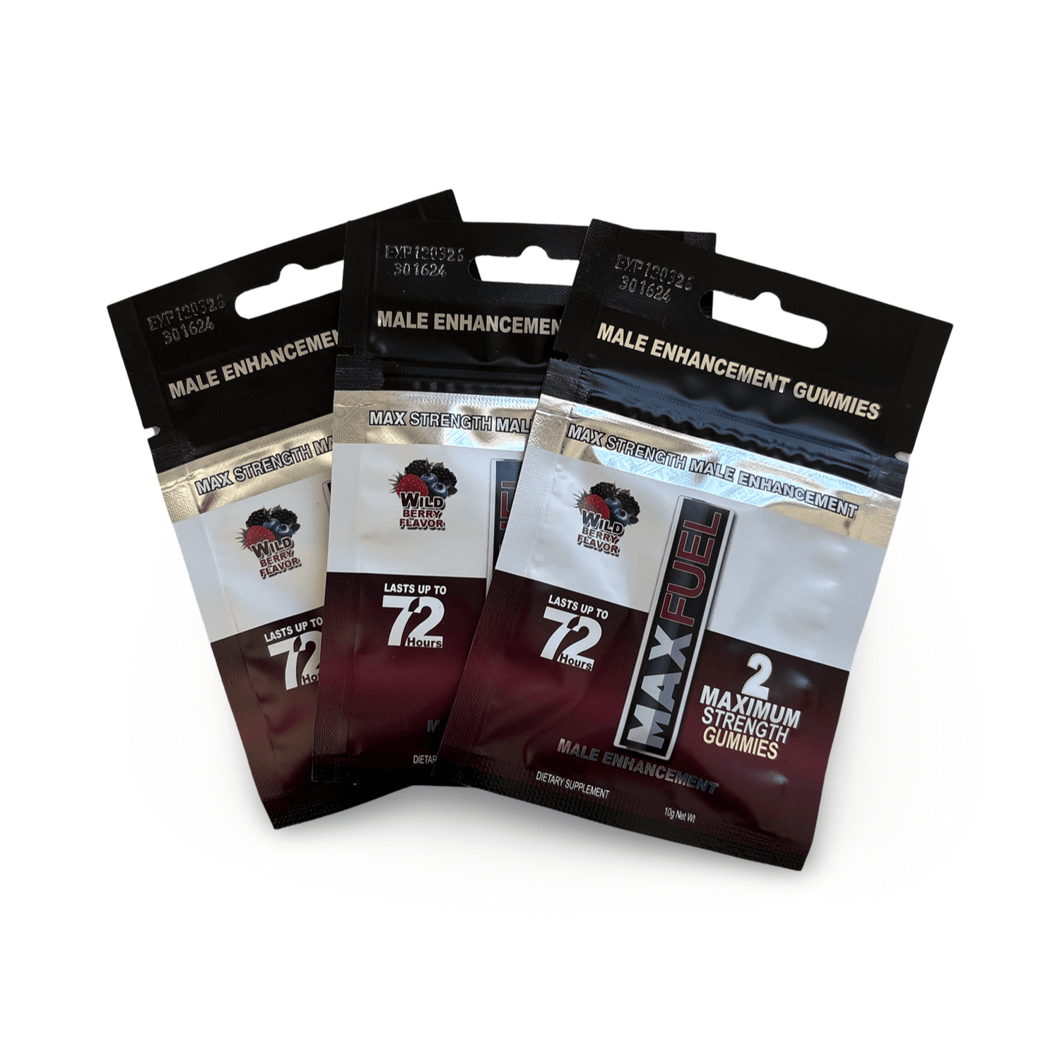 MaxFuel Wild Berry Male Enhancement Gummy 3 Pack featuring three gummy packets with wild berry flavor.