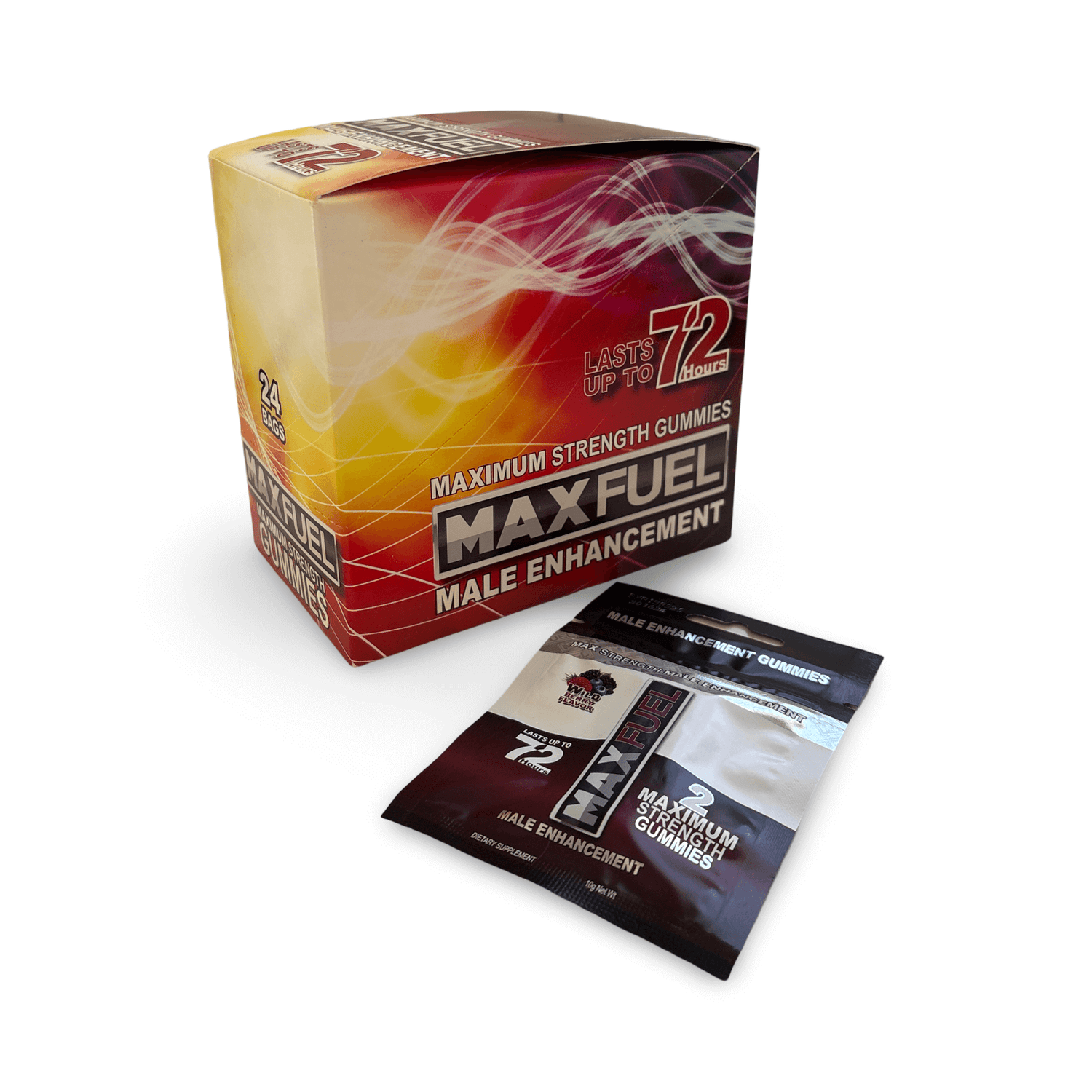 MaxFuel Wild Berry Male Vitality Gummies 24 Count packaging showcasing maximum strength and enhancement benefits.