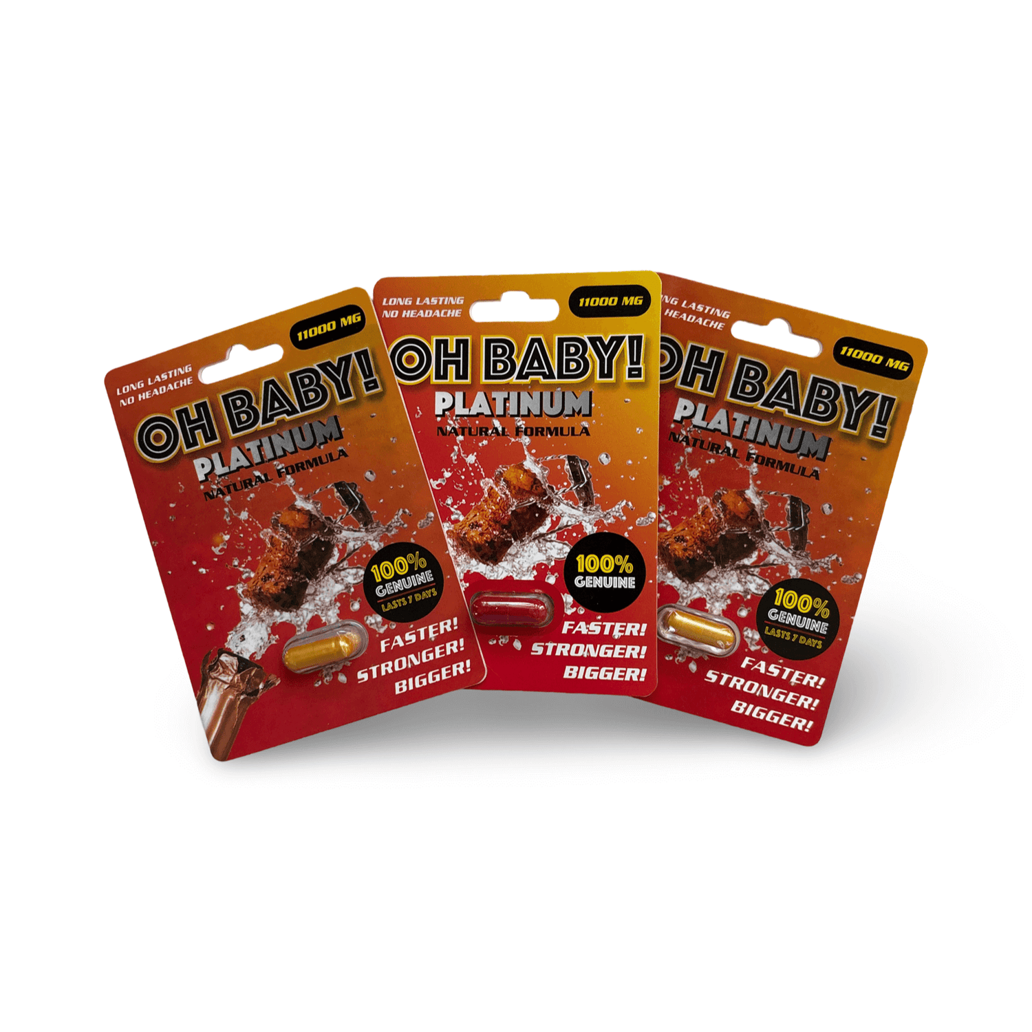 Oh Baby Platinum Male Vitality Support 3 Capsules packaging featuring bold text emphasizing energy and performance.