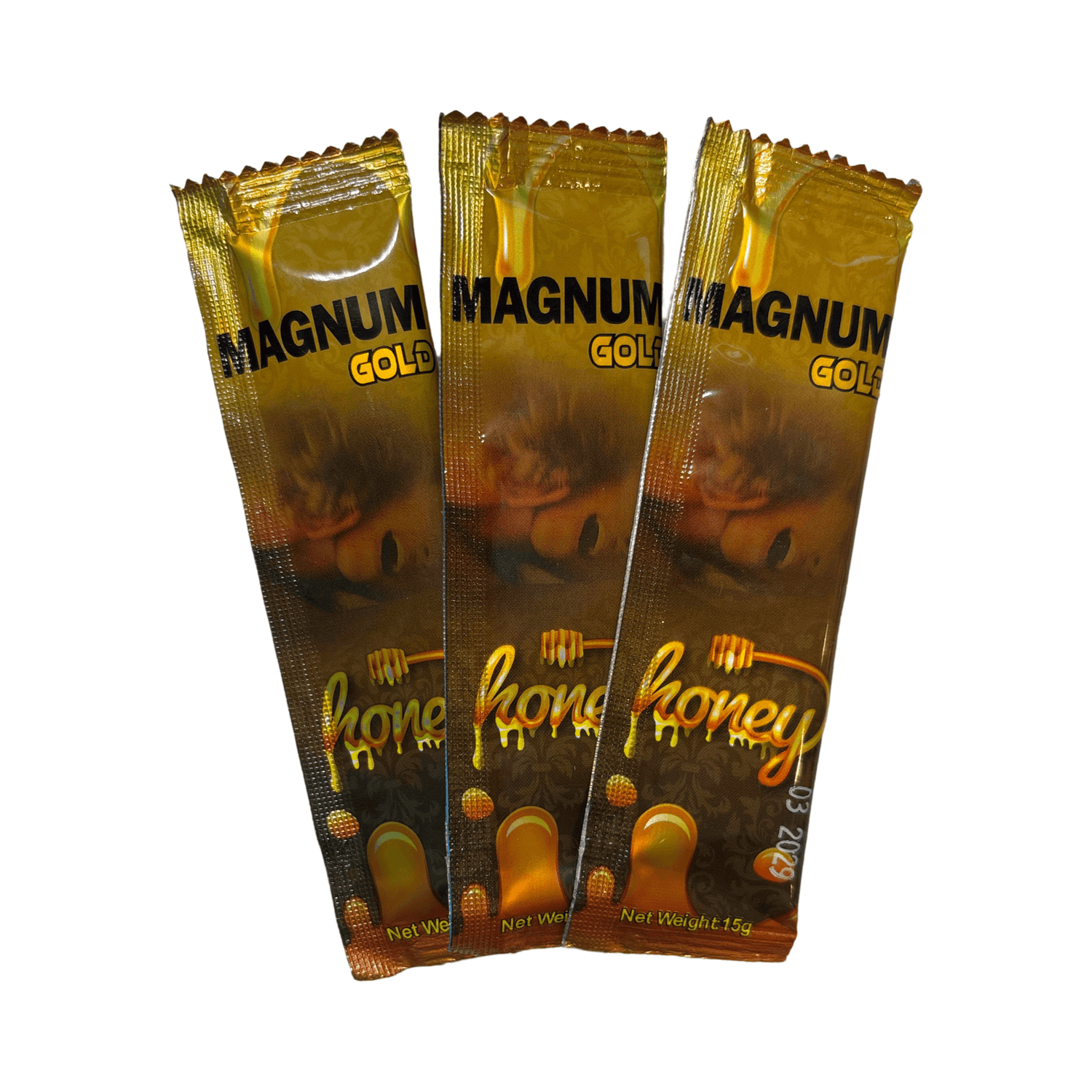 Magnum Gold Honey 15g Sachet 3-Pack showcasing three individual sachets of premium honey-based supplement.