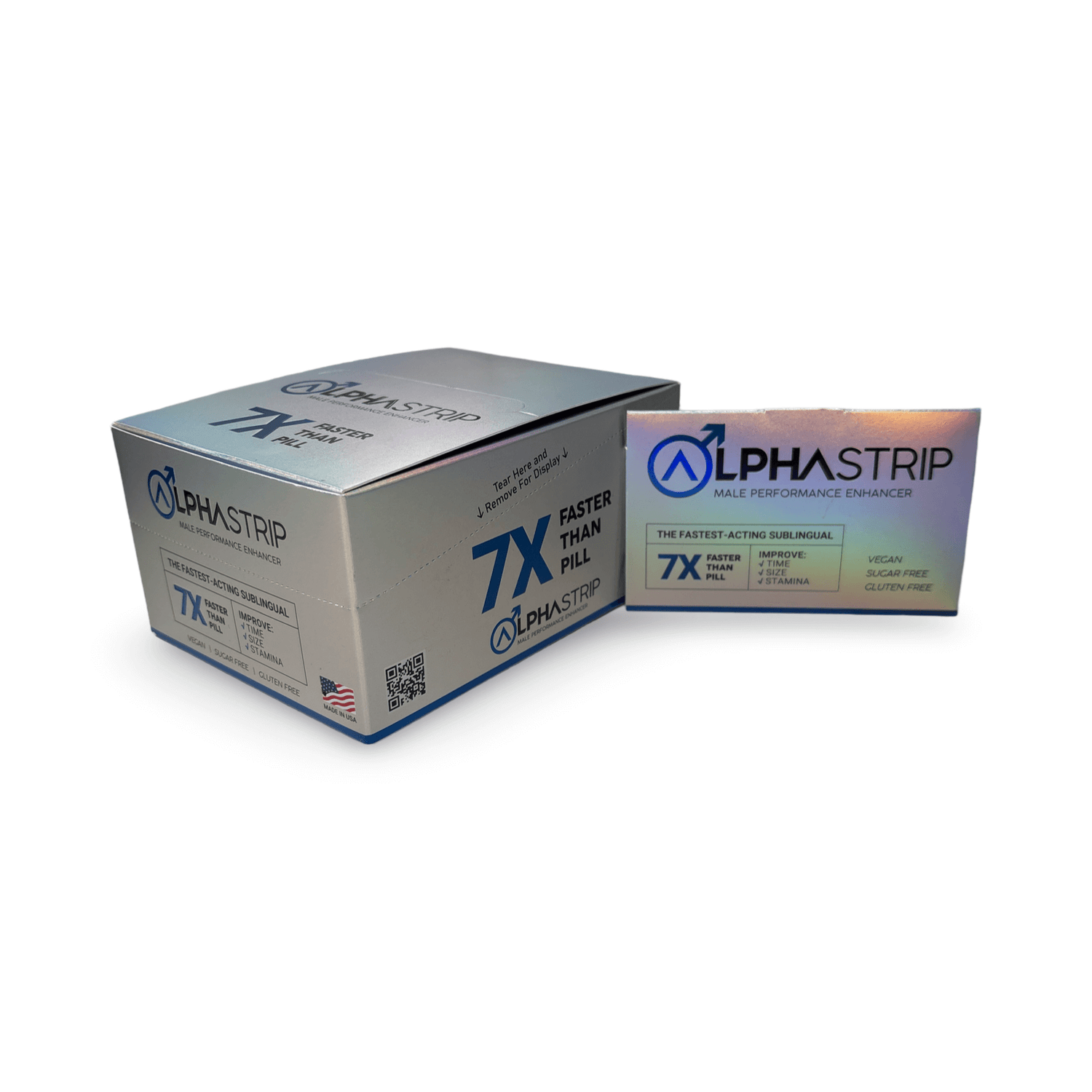 Alpha Strip 7X sublingual male enhancement strips box, fast-acting formula for improved sexual performance.