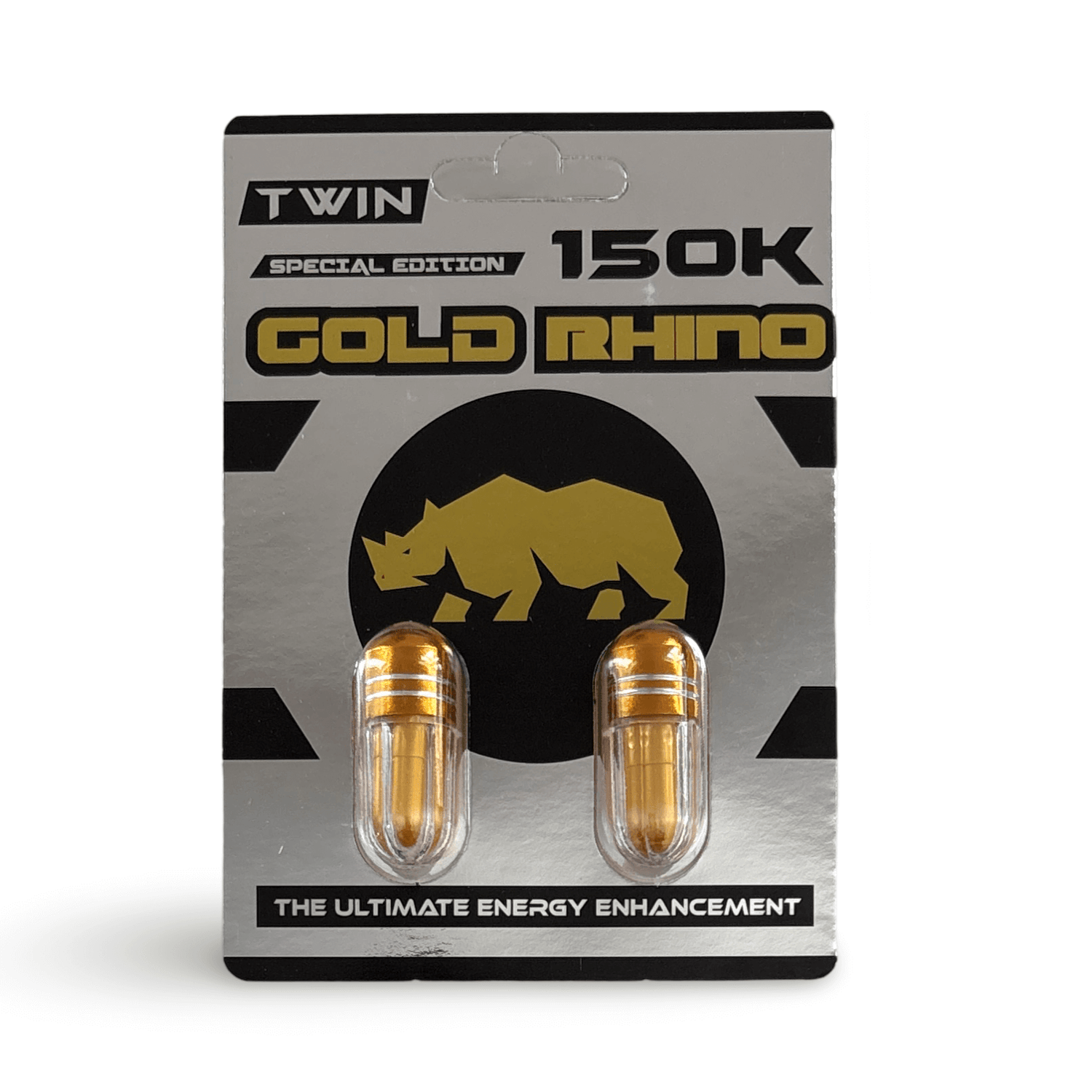 Rhino Gold 150K Twin Special Edition capsules for enhanced stamina and performance, packaged for energy enhancement.