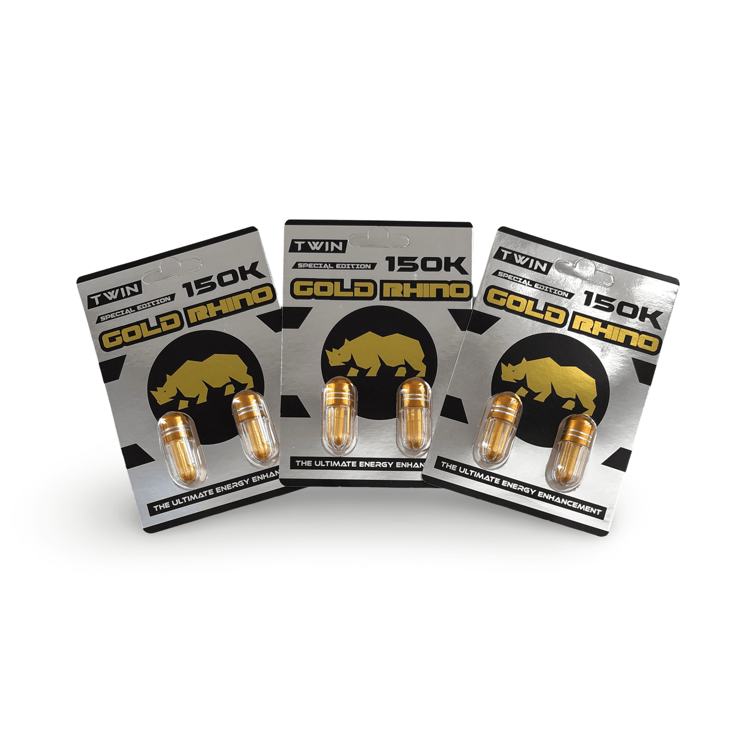 Rhino Gold 150K Twin Special Edition capsules in packaging for enhanced stamina and performance.