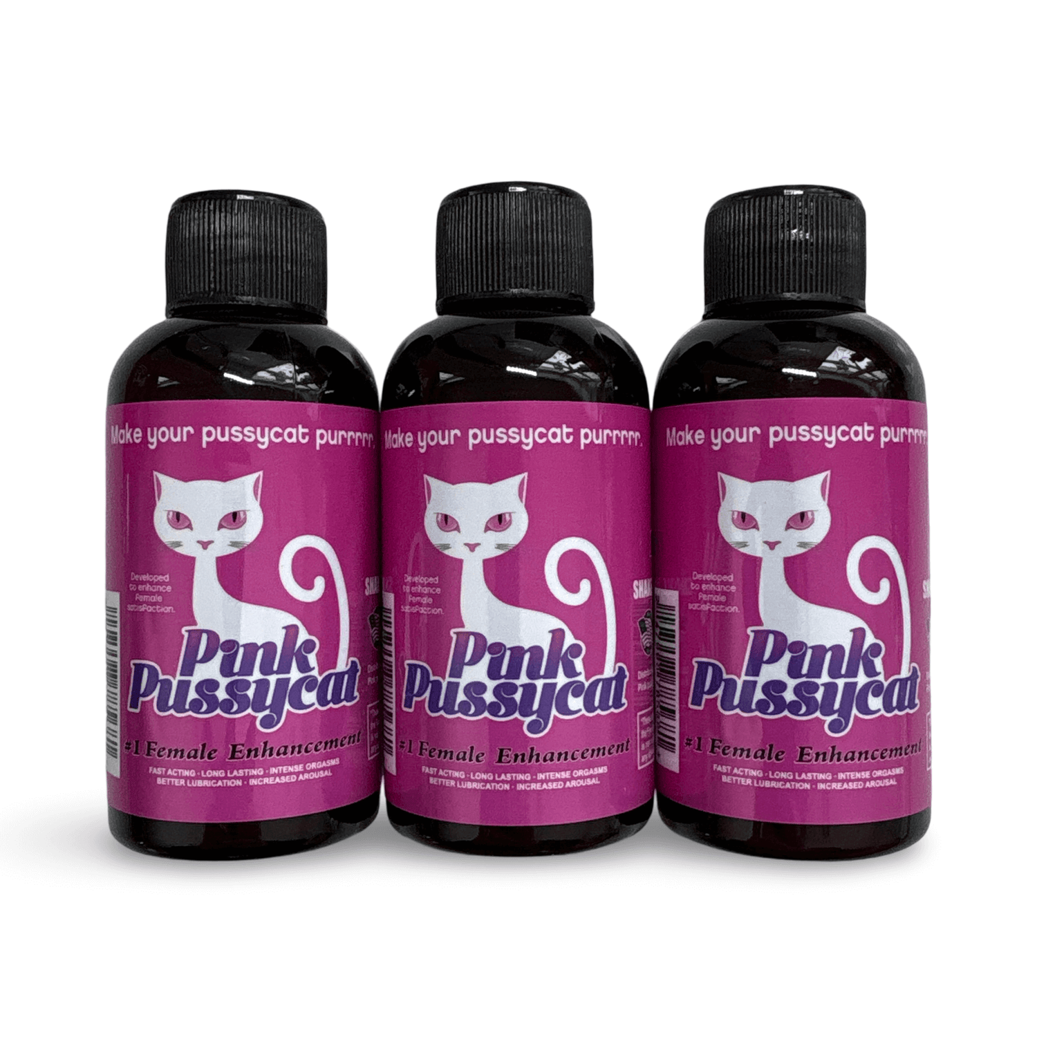 Three 2 oz bottles of Pink Pussycat Female Enhancement for heightened sensations and desire.
