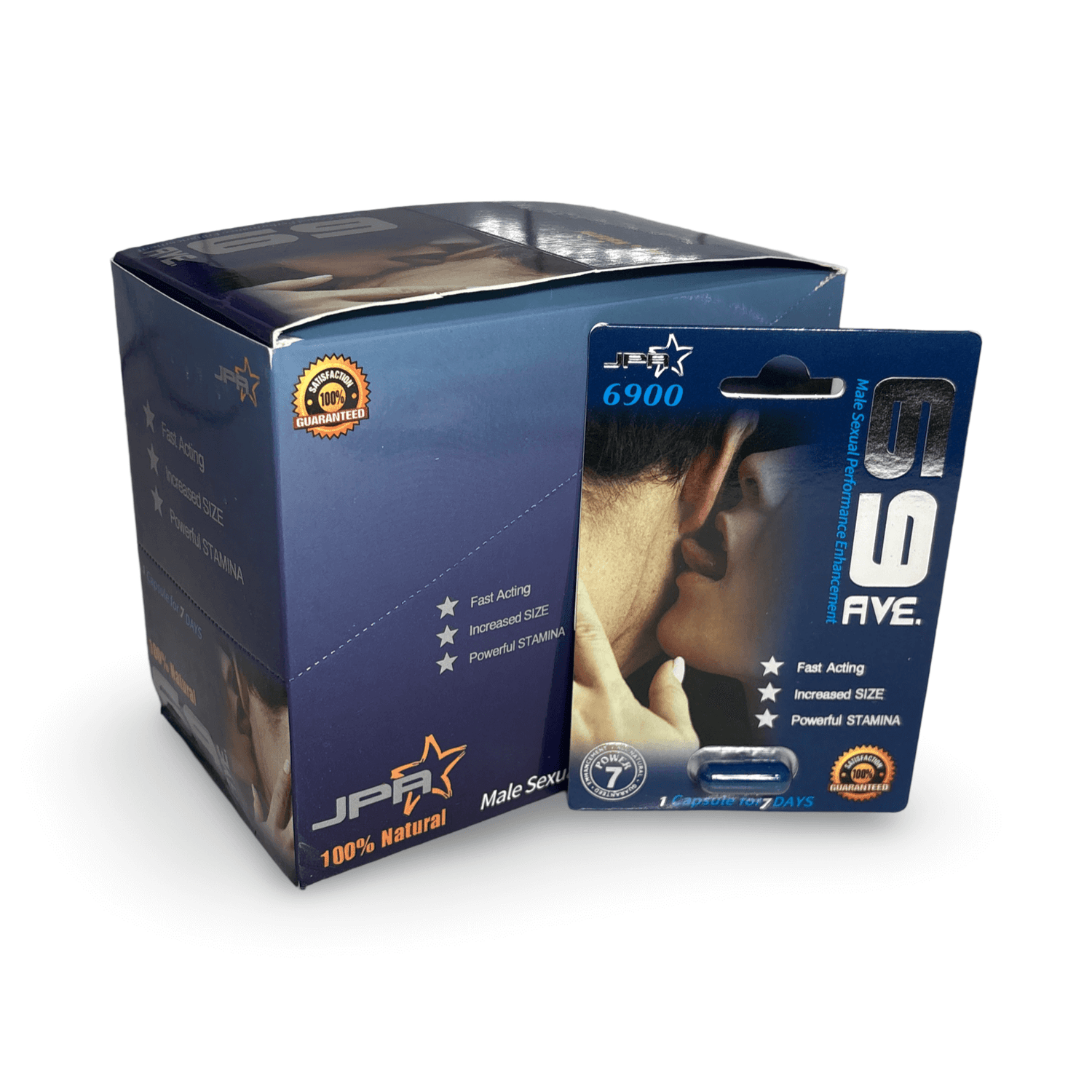 69 Ave Male Vitality Supplement 30 Capsules Display with packaging and capsules.