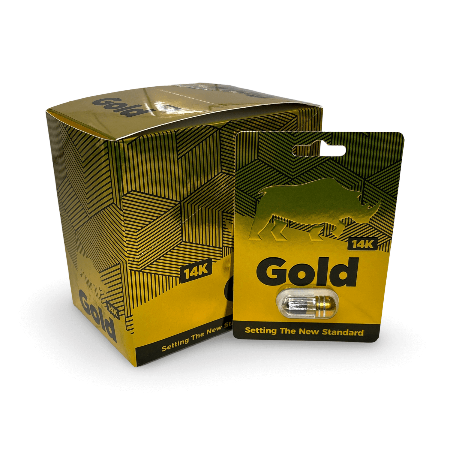 Rhino 14K Gold Male Enhancement Capsule Packaging with Box for Enhanced Performance and Stamina.