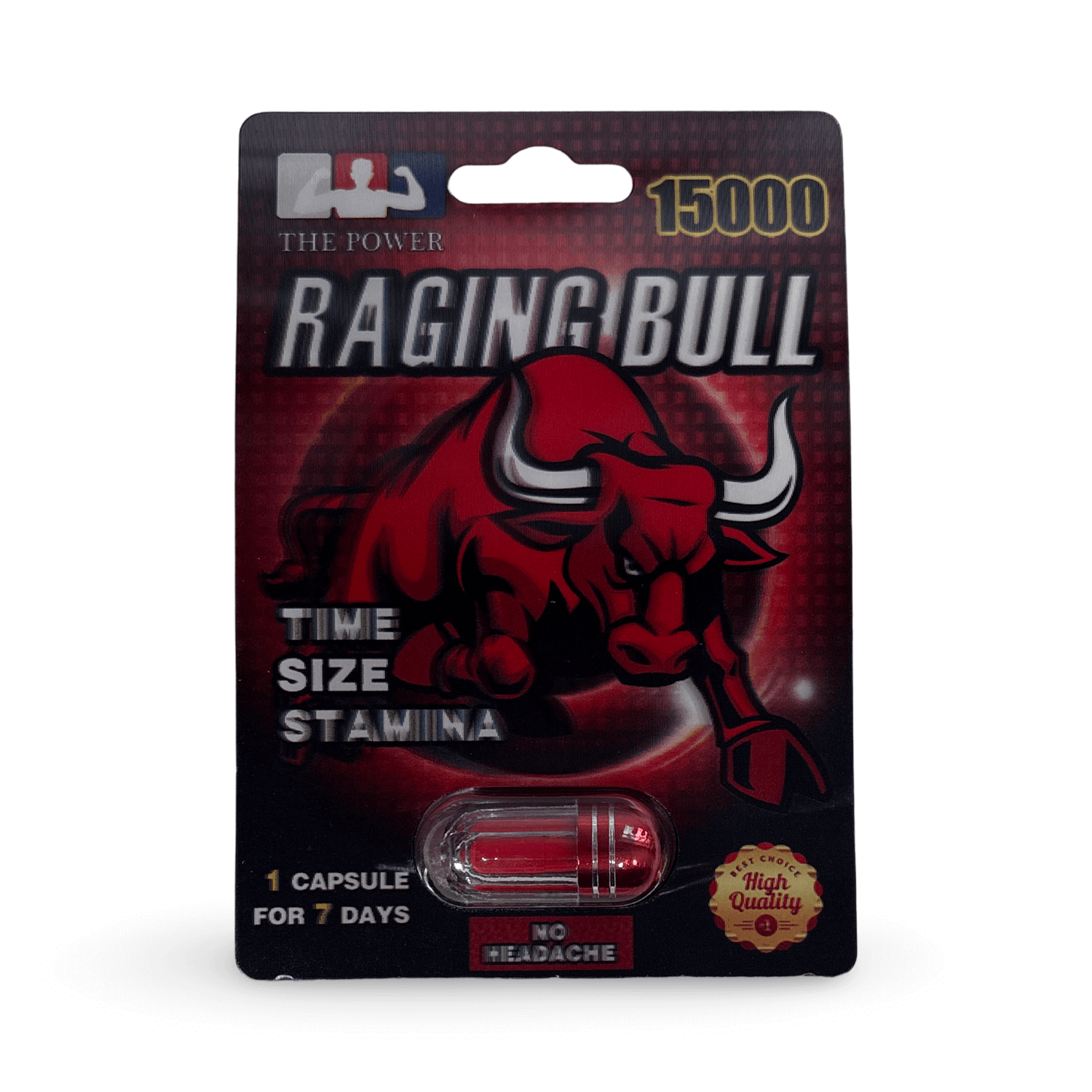 Raging Bull 15000 male enhancement capsule packaging, featuring a red bull logo and easy-to-take design.