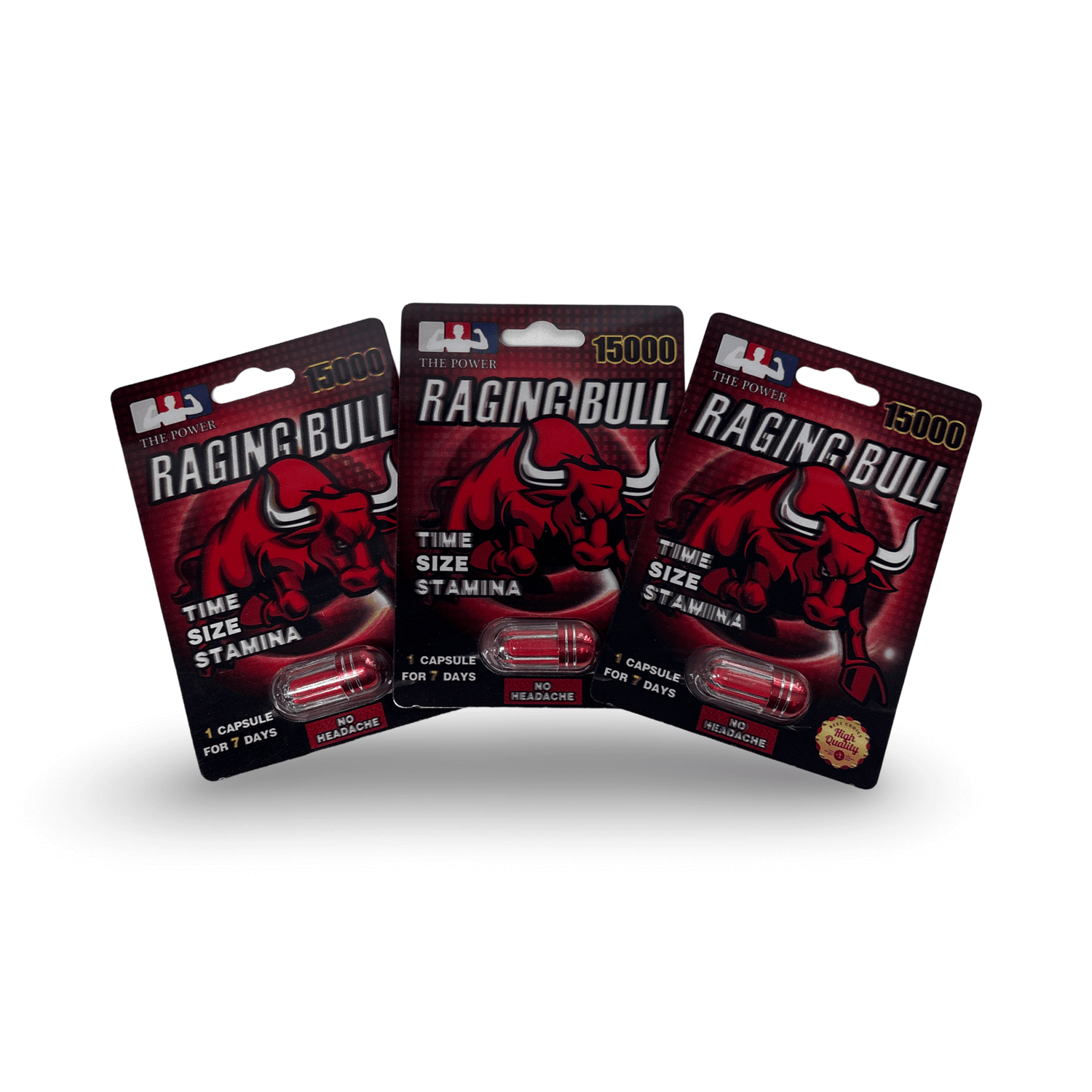 Raging Bull 15000 Herbal Male Vitality 3 Pc Capsules packaging featuring bold red bull design and stamina benefits.