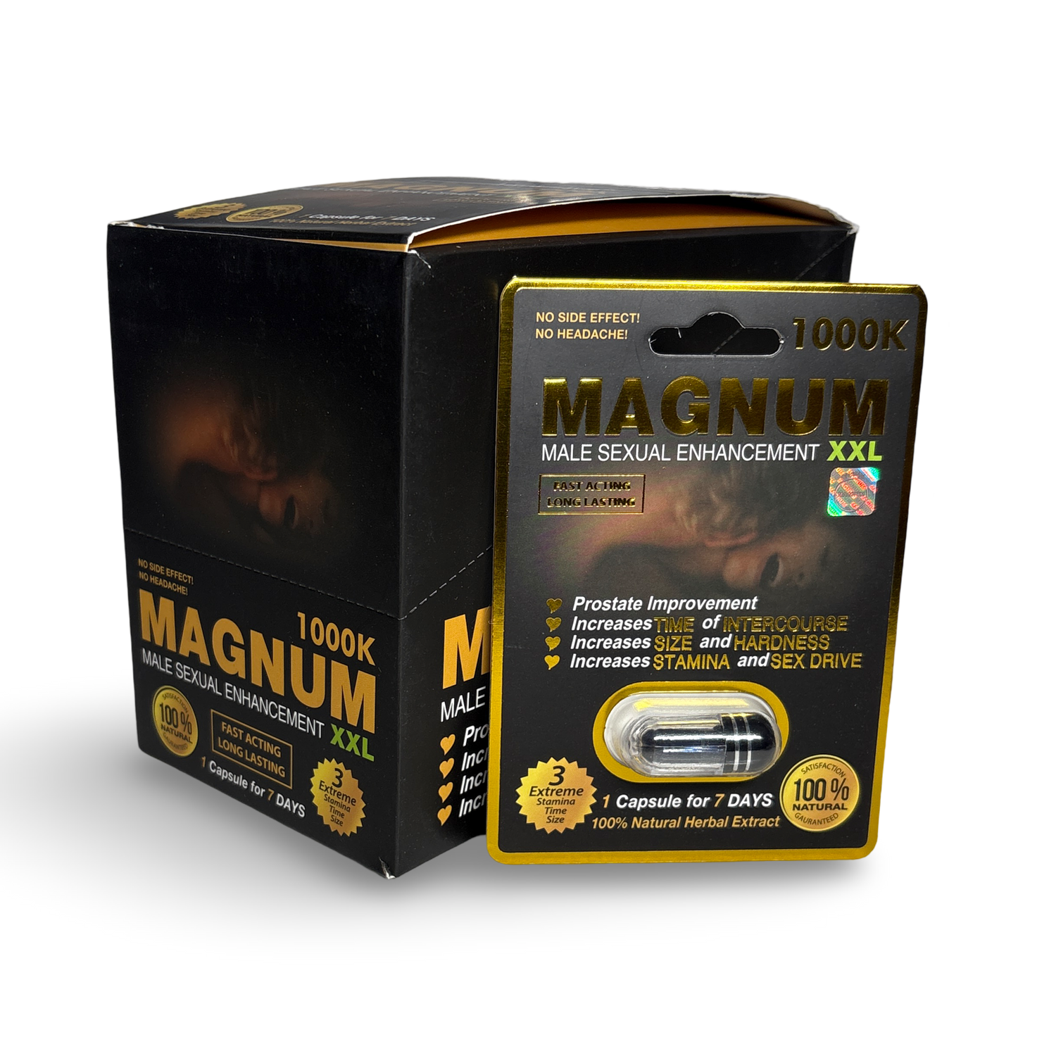 Magnum XXL 1000K Herbal Male Vitality 20 Pc package showcasing male enhancement supplement for vitality and stamina.
