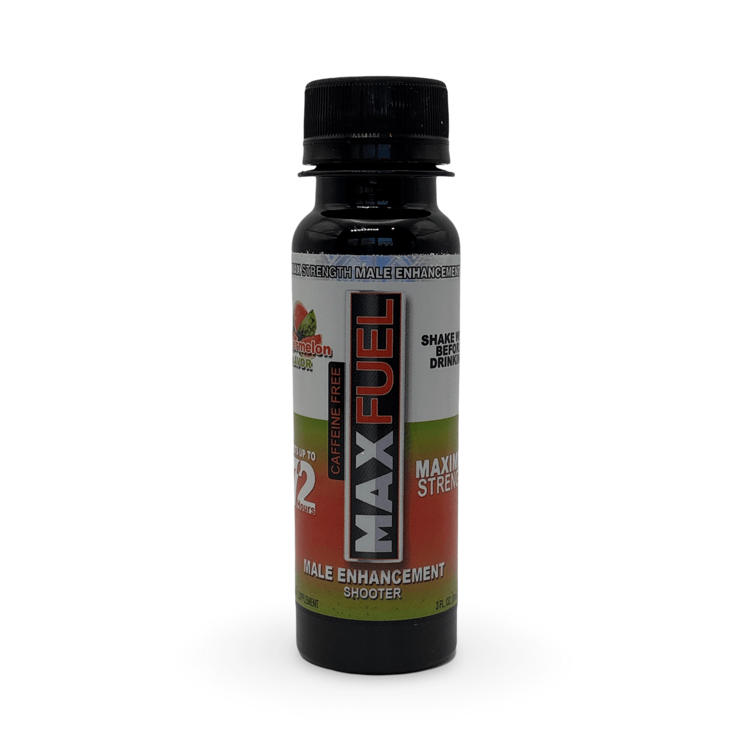 MaxFuel Watermelon Male Enhancement Shooter bottle, 3 fl oz, designed to boost stamina and testosterone.