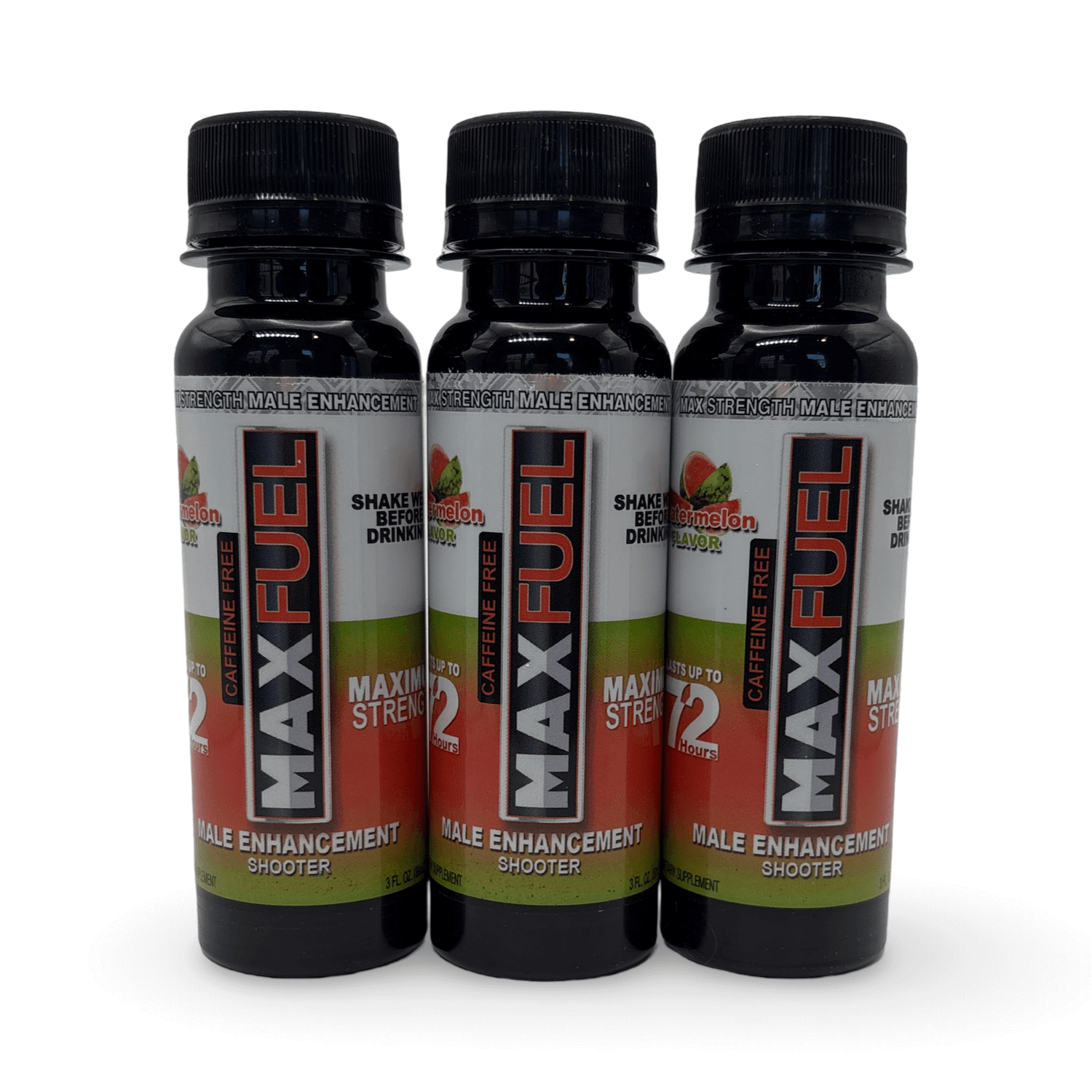 MaxFuel Watermelon Male Enhancement Shooter - 3 pack of 3 fl oz bottles for stamina and performance boost.