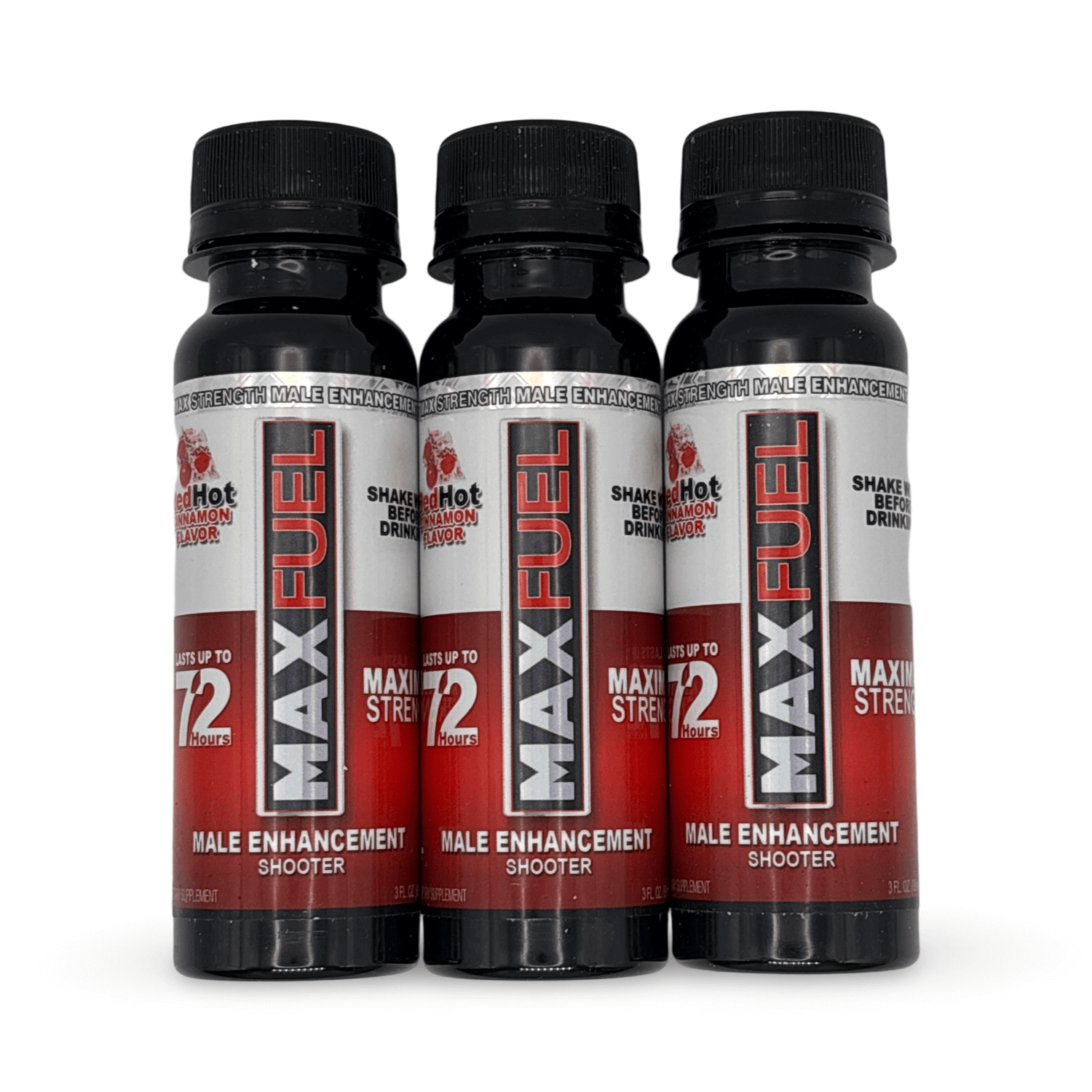 MaxFuel RedHot Cinnamon Male Enhancement Shooter - 3 fl oz bottles for increased stamina and testosterone.