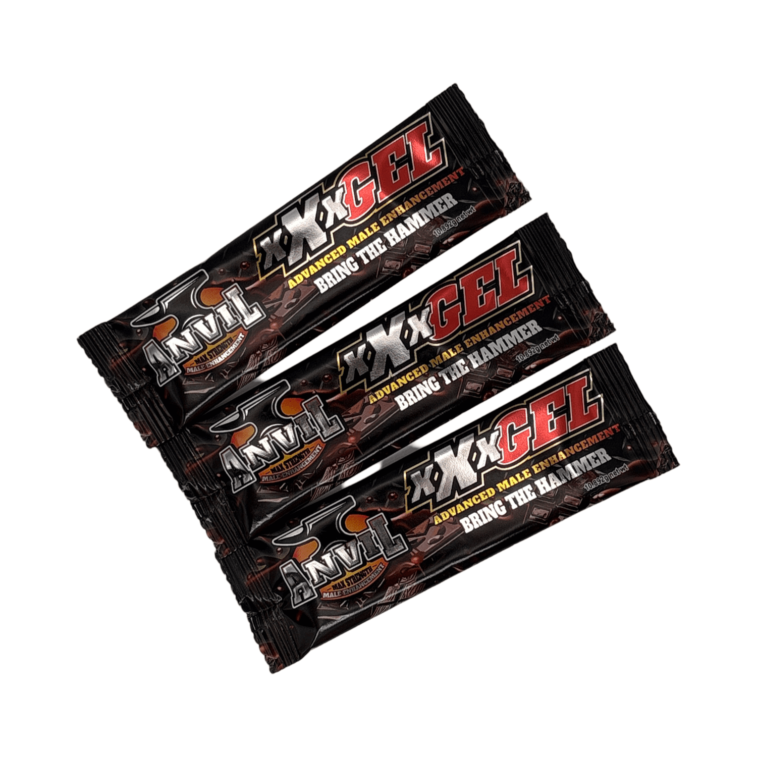 Anvil MAX STRENGTH XXX Gel 3-pack for male enhancement, featuring rich chocolate flavor and powerful natural extracts.
