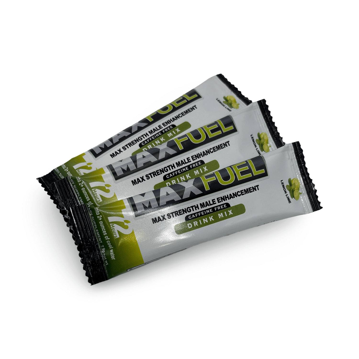MaxFuel Lemon Lime Drink Mix packets for male enhancement, caffeine-free and portable energy boost.