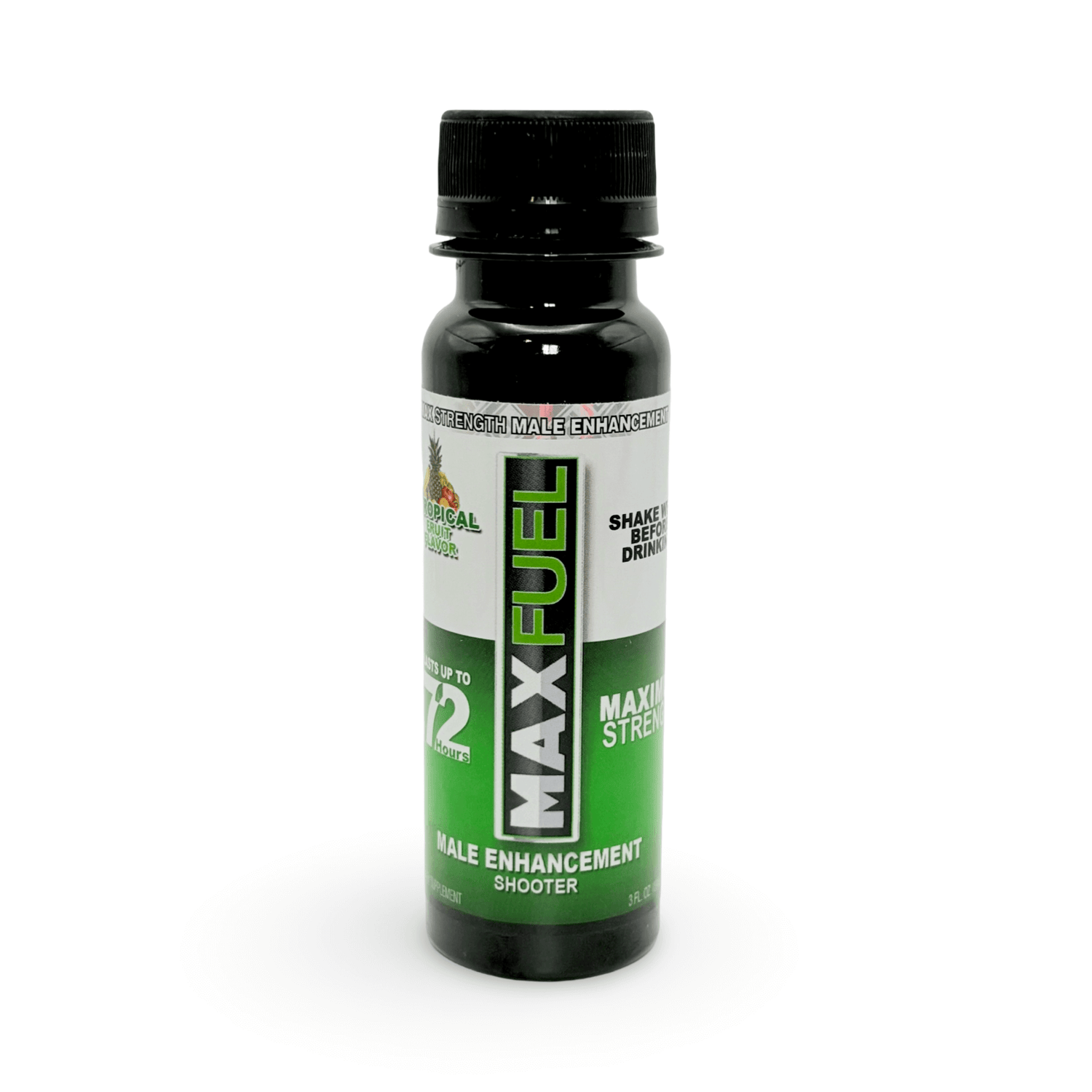 MaxFuel Tropical Fruit Male Enhancement Shooter 3 fl oz bottle for stamina and testosterone boost.