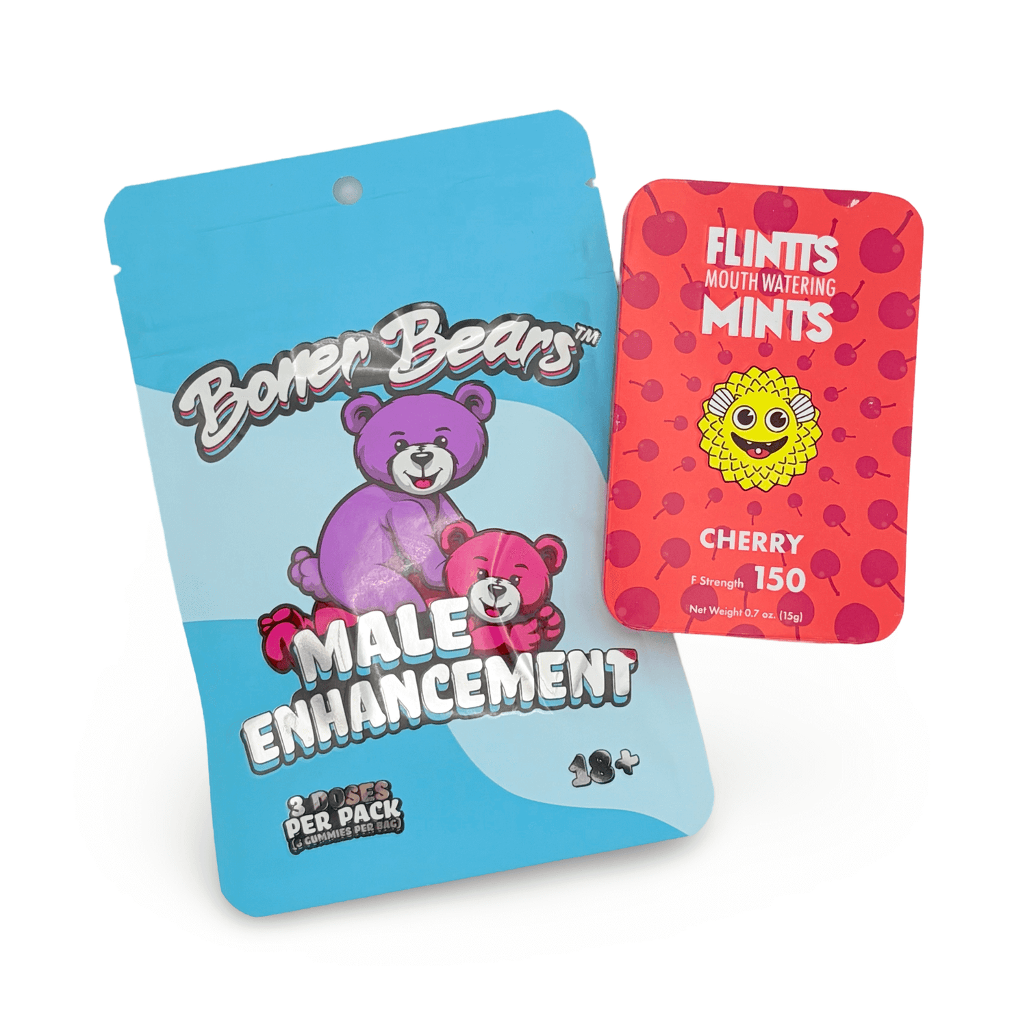 Boner Bears gummies for men and Flintts cherry mints, male enhancement supplements for boosted stamina.