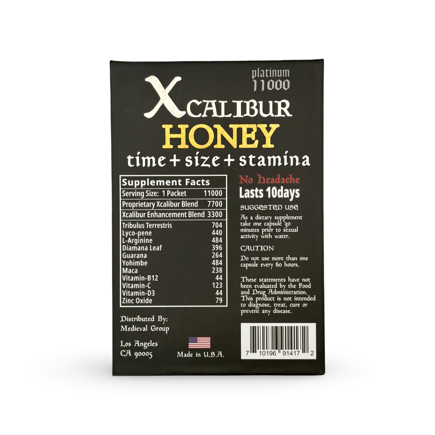 XCalibur Platinum 11000 Honey Vitality Support for Men supplement facts and ingredients label.