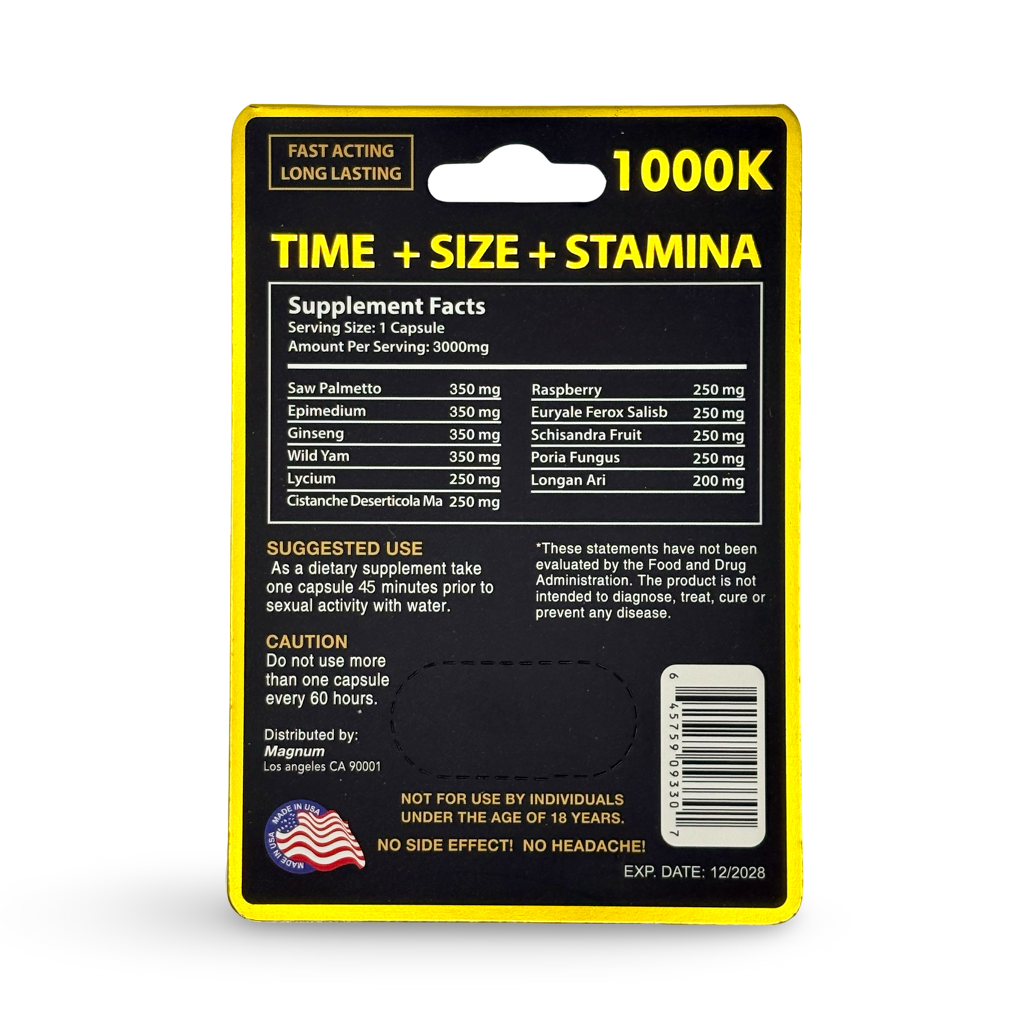 Magnum XXL 1000K Herbal Male Vitality 20 Pc supplement facts and usage instructions.