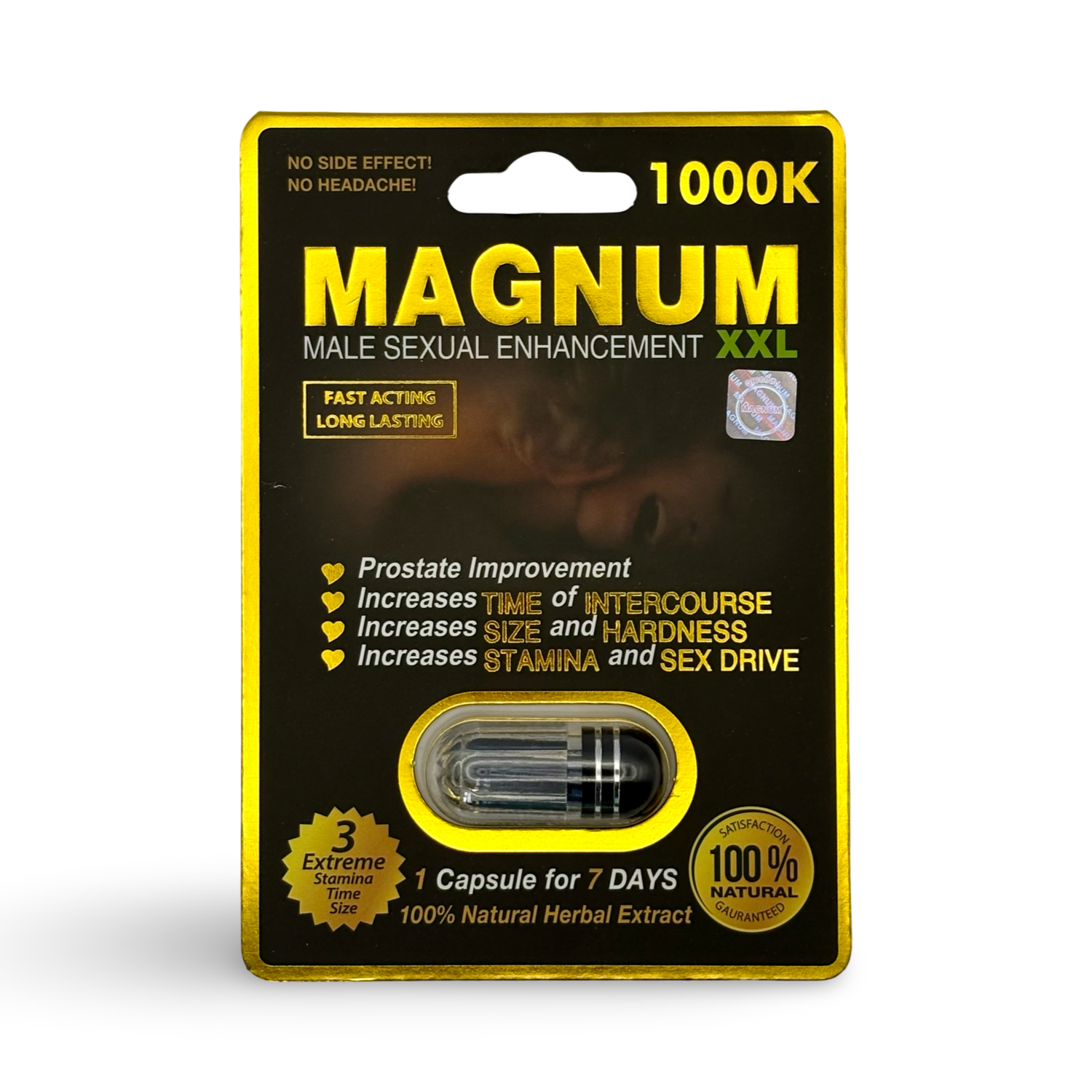 Magnum XXL 1000K Herbal Male Vitality 20 Pc supplement packaging showcasing male enhancement benefits.