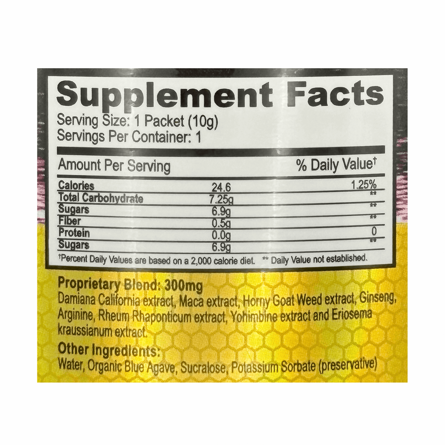 Supplement facts for Posh Enhancement Honey dietary supplement pack, detailing calories, ingredients, and herbal blend.