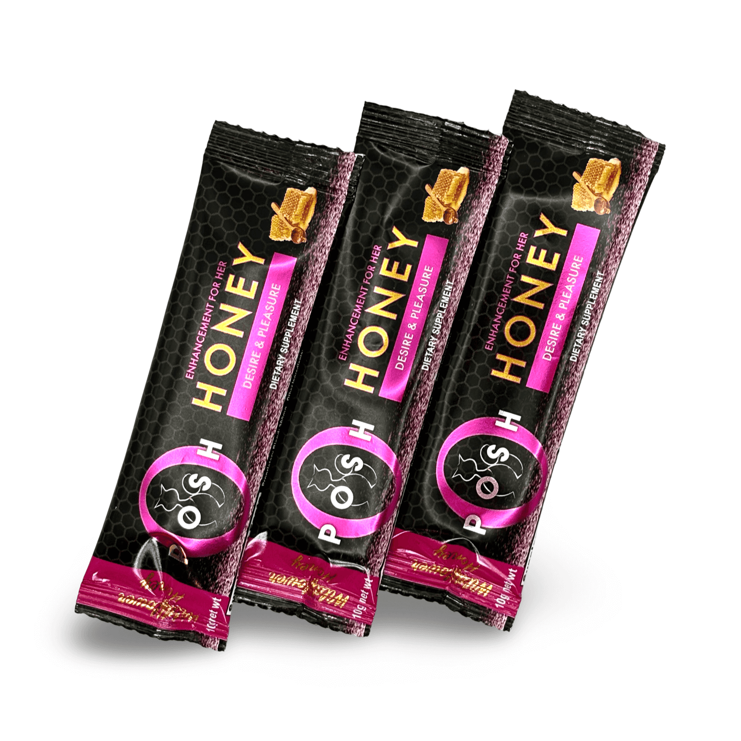 Posh Enhancement for Her Honey sticks pack, wildflower flavor, dietary supplement for female desire and vitality.