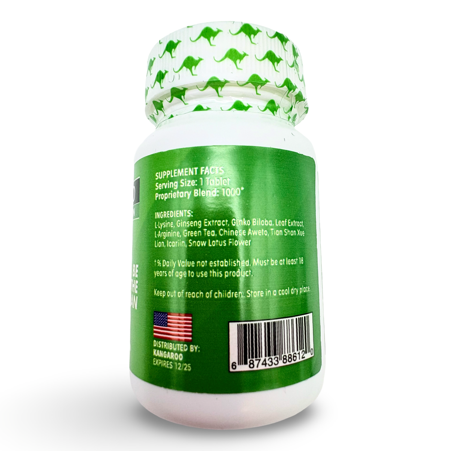 Kangaroo Green Male Vitality 12 Count Bottle showing supplement facts and ingredients on the label.