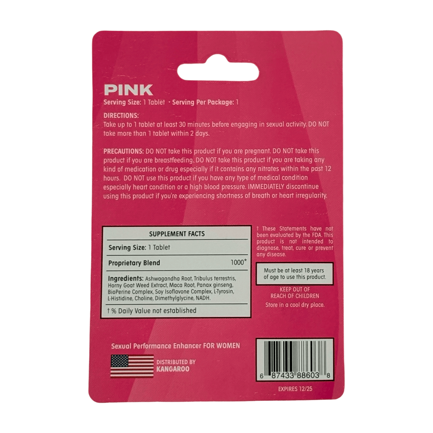 Kangaroo Pink supplement back label showing serving size, directions, and ingredients for female vitality.