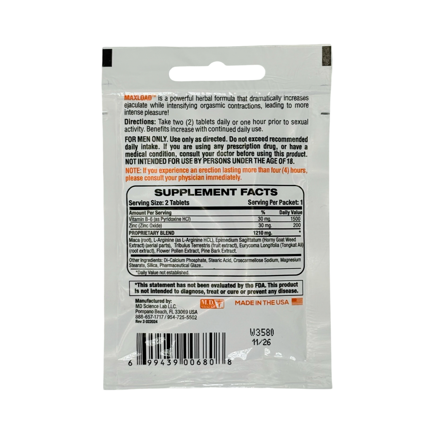 MaxLoad Male Vitality Supplement 2 Capsules supplement facts back of packaging showing serving size and ingredients.