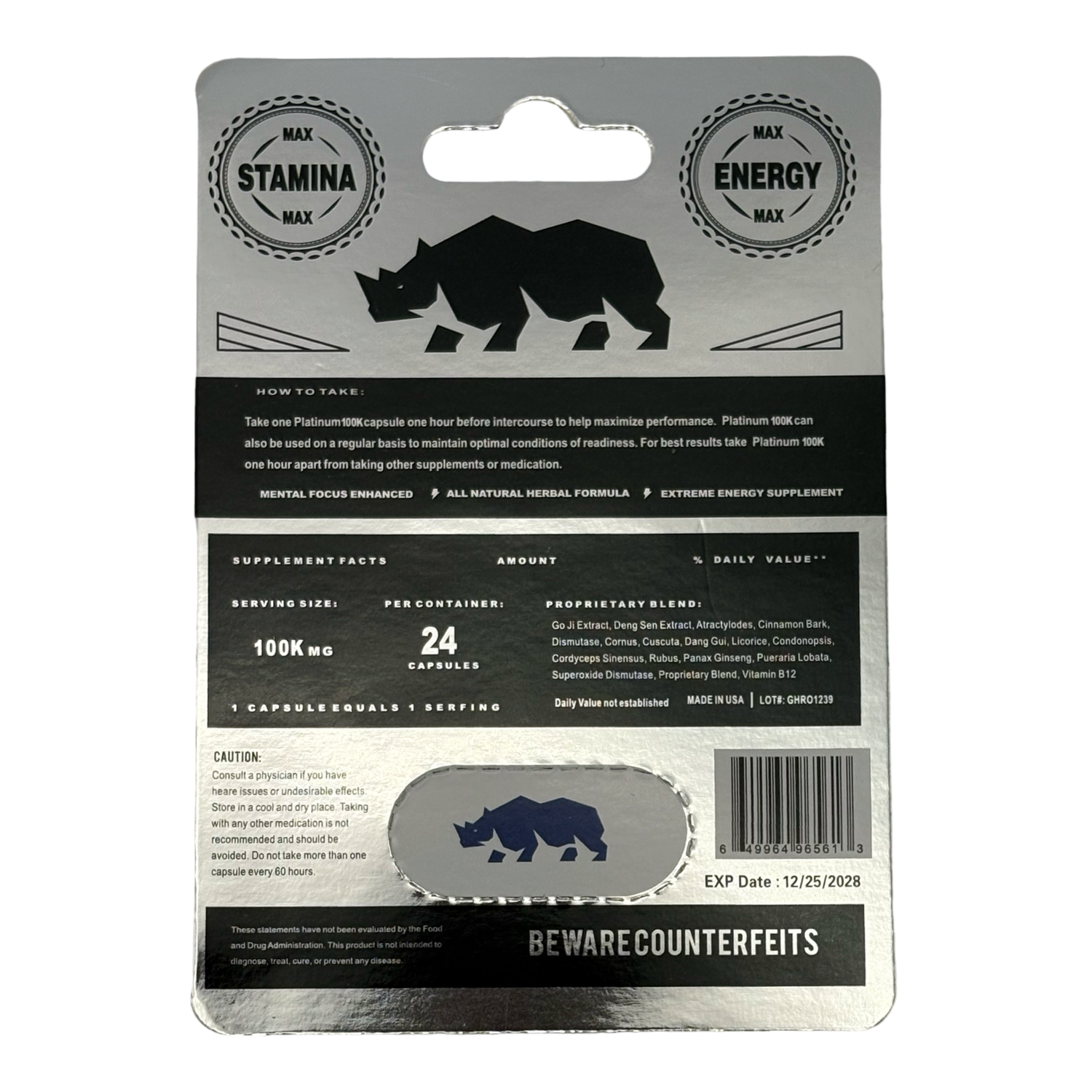 Rhino Gold 100K Silver Edition – 24 Capsules Display | Male Vitality Support