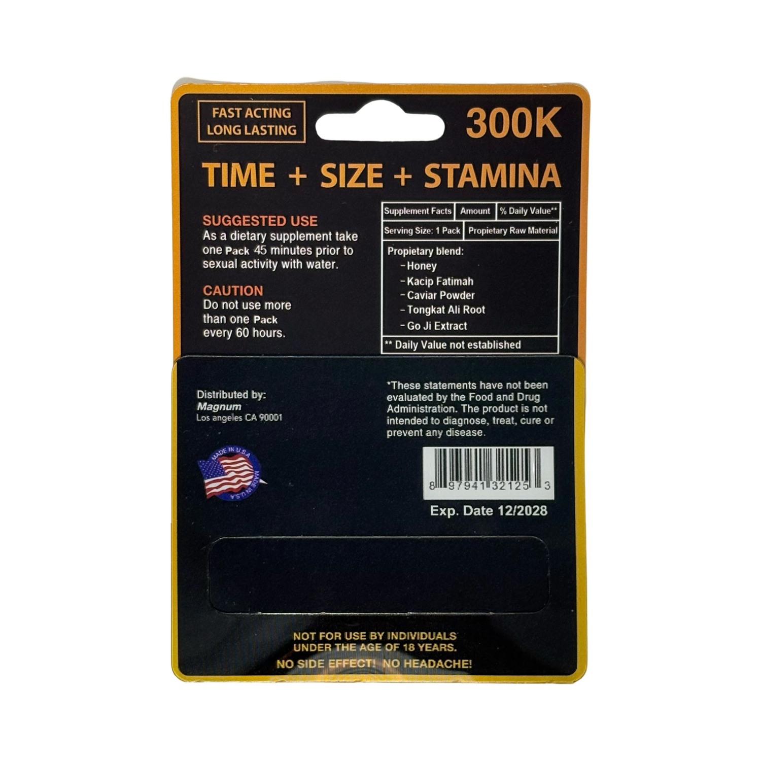 300K Magnum XXL Herbal Vitality Honey 30 Pack Display supplement facts and usage instructions on packaging.