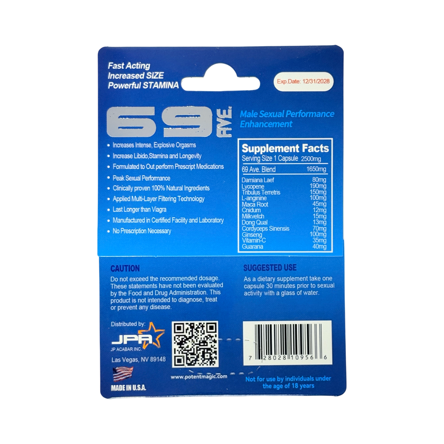 69 Ave Male Vitality Supplement 30 Capsules Display back packaging with supplement facts and usage information.