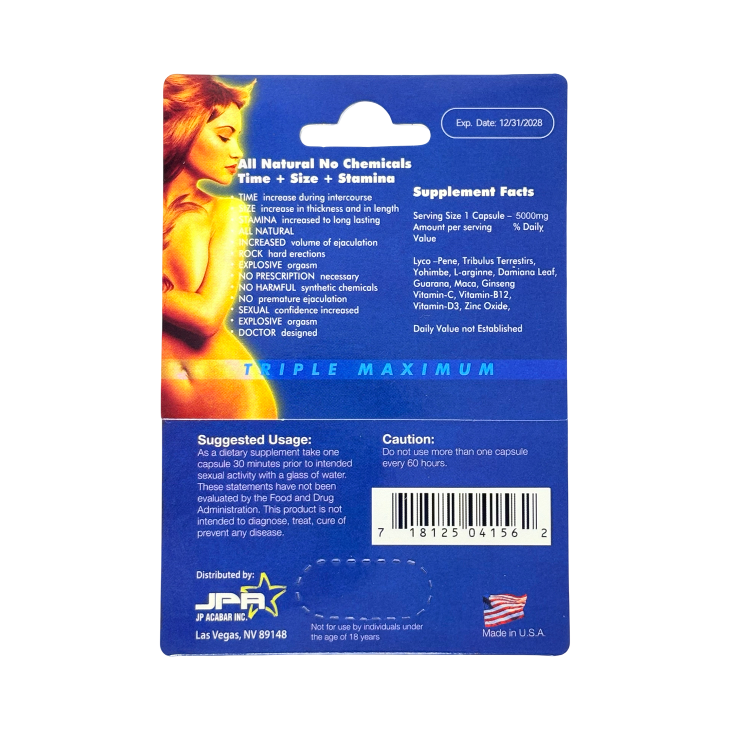 Beast Male Vitality Support 30 Capsule Display back packaging with usage instructions and supplement facts.