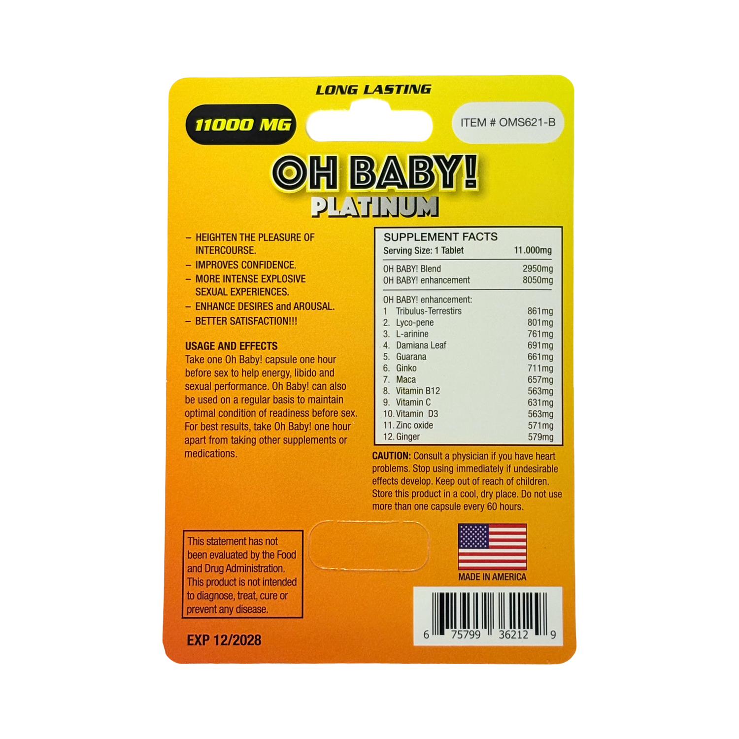 Oh Baby Platinum Male Vitality Support 30 Pc Display supplement facts and usage information on the packaging.