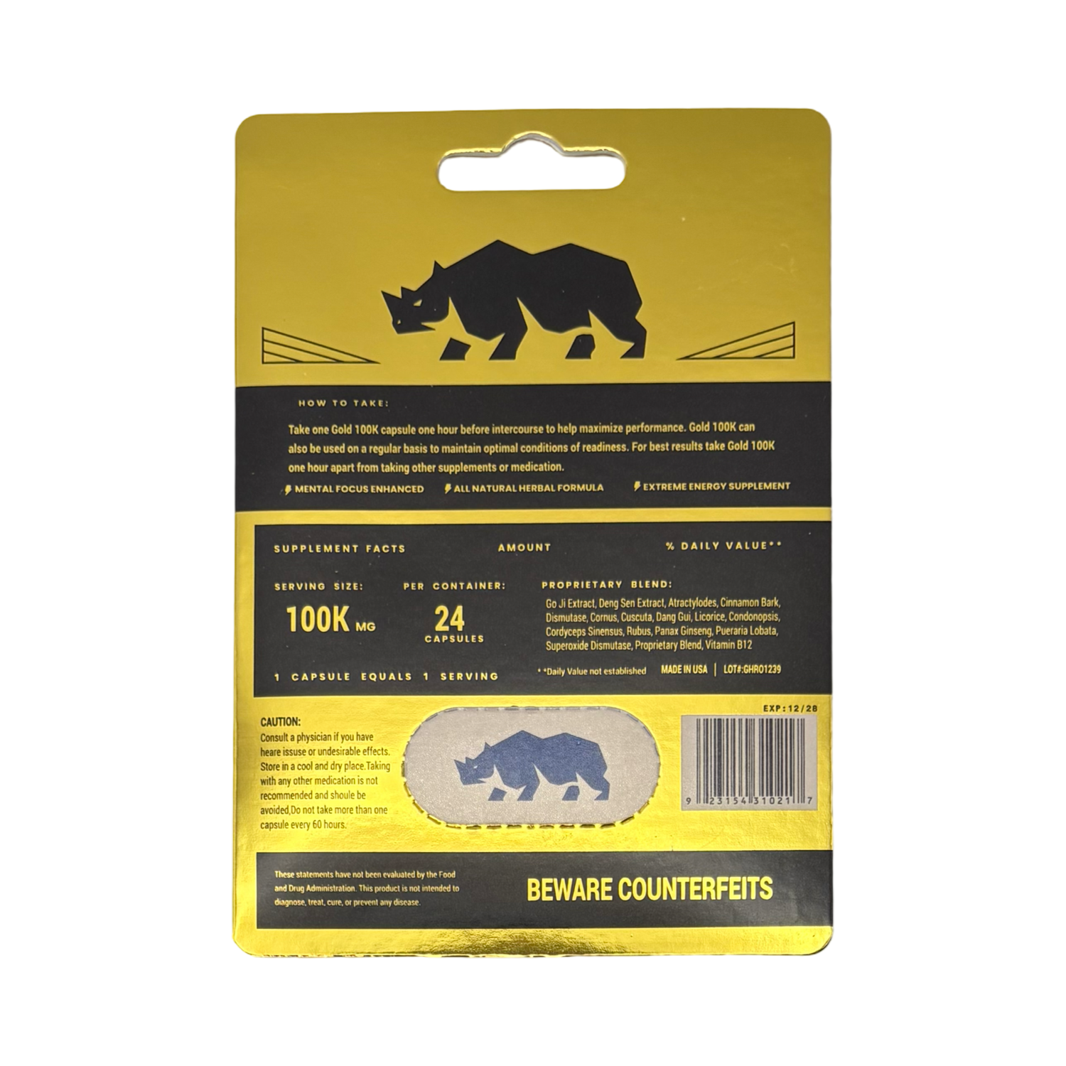 Rhino Gold 100K Special Edition – Herbal Vitality Supplement | 24 Capsules