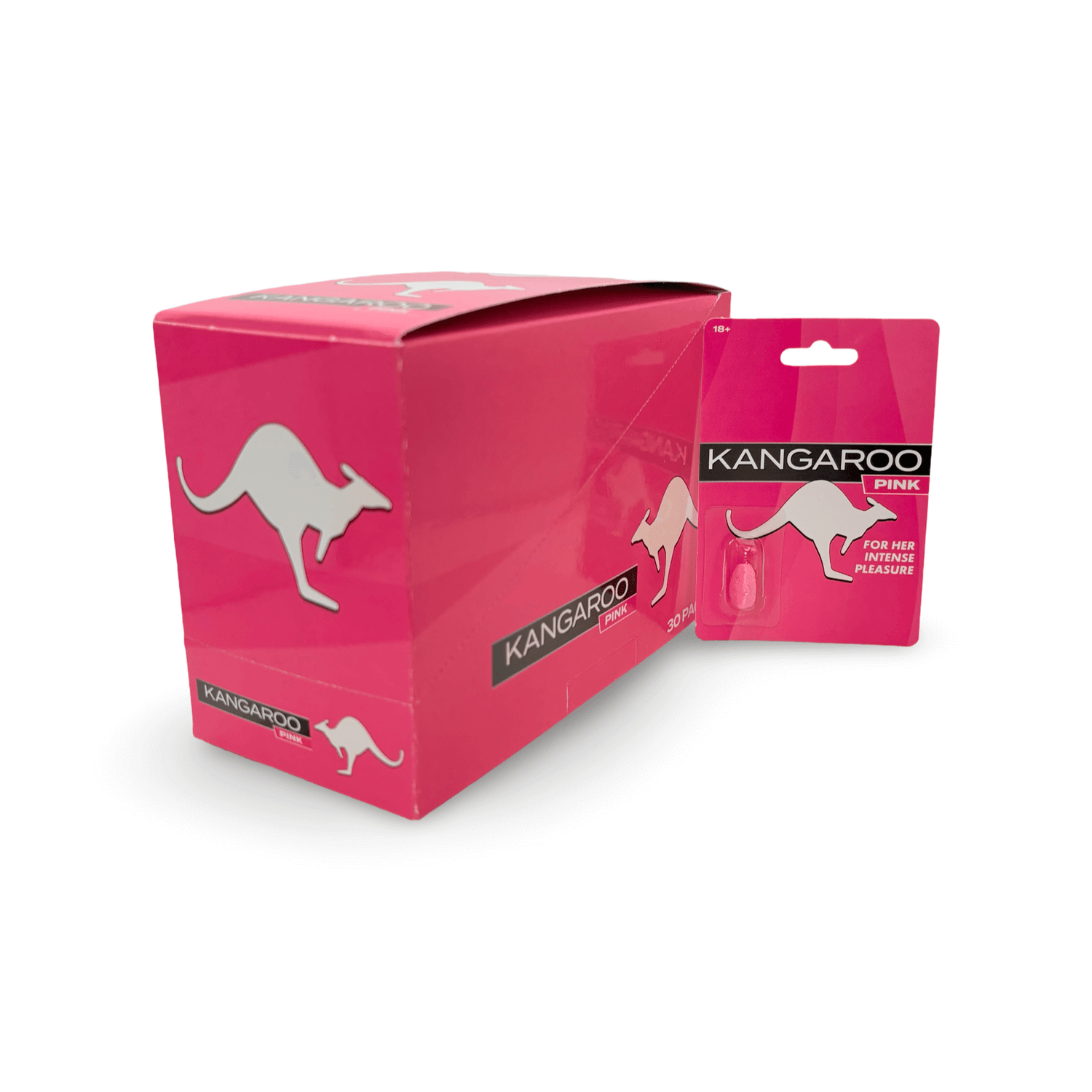 Kangaroo Pink Female Vitality & Confidence capsules display box and packaging for women's dietary supplement.