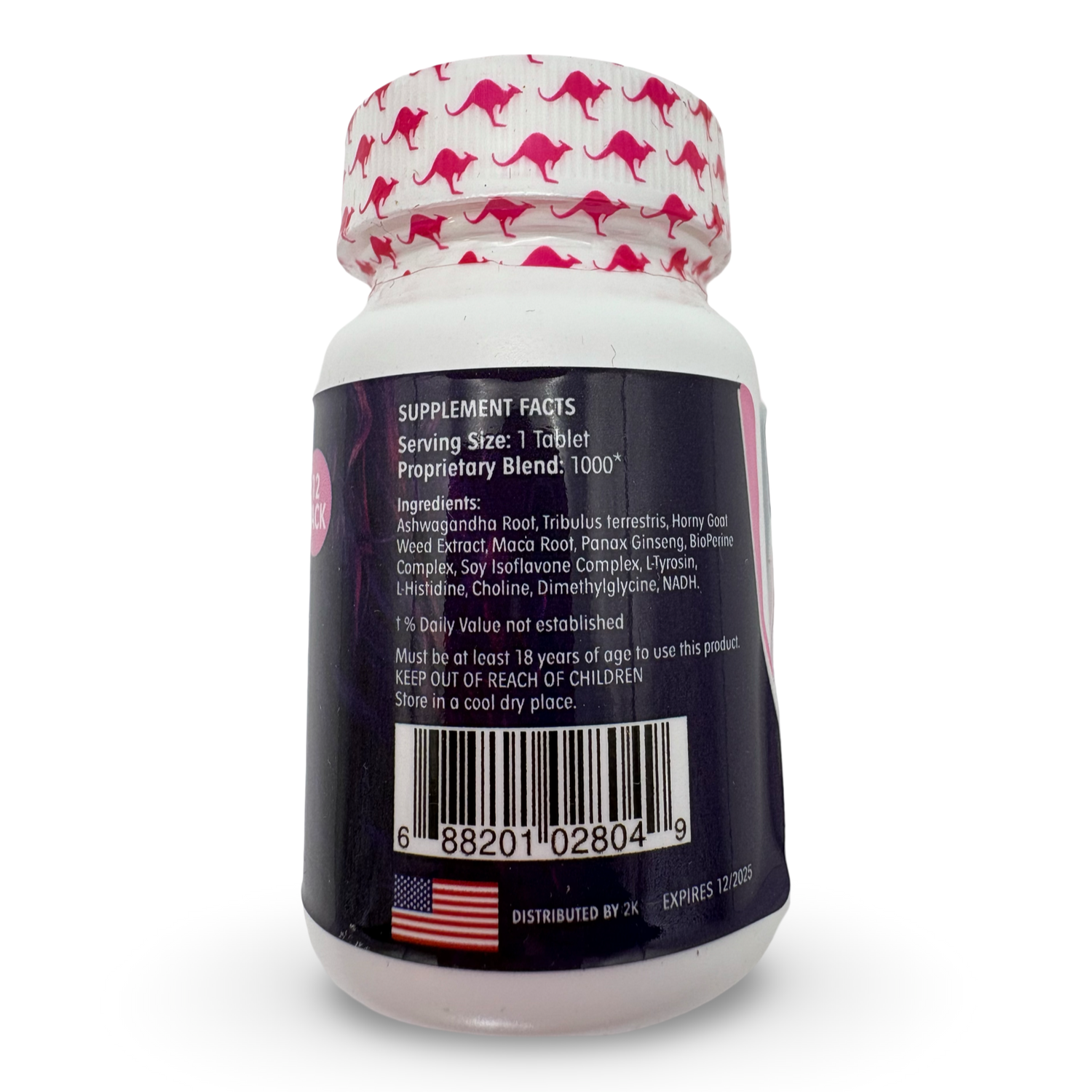 2K Kangaroo Pink Venus for Her Female Vitality 3-Bottles Pack supplement facts label, showcasing ingredients and serving size.